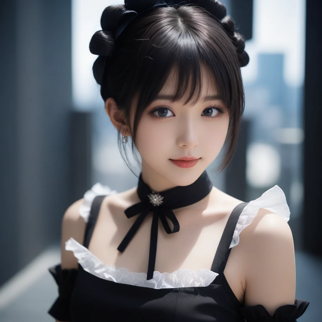 8k, Ultra-high resolution, Highest quality, masterpiece, 三分割法によるphotograph,Surreal, photograph, 1 Girl, (:1.3), pretty girl, Cute Face, Beautiful eyes in every detail, 細かくdetailedに,masterpiece,One Girl:1.2,Japanese female announcer,extream close up,grin,Black short hair,Short ponytail,Maid Android,((Fusion of Gothic Lolita and La fashion:1,bracelet, chest, choker, clavicle, Earrings,Futuristic cityscape ,Perfect and beautiful face ,完璧でCute Face, Skin with attention to detail, Perfect limbs、Narrow waist,Looking at the audience,(((Ideal body type))),Aカップの小さなchest :2,Portraiture:2,Perfect Anatomy,鮮明なdetailed,detailed,Surreal,Light and shadow,spotlight