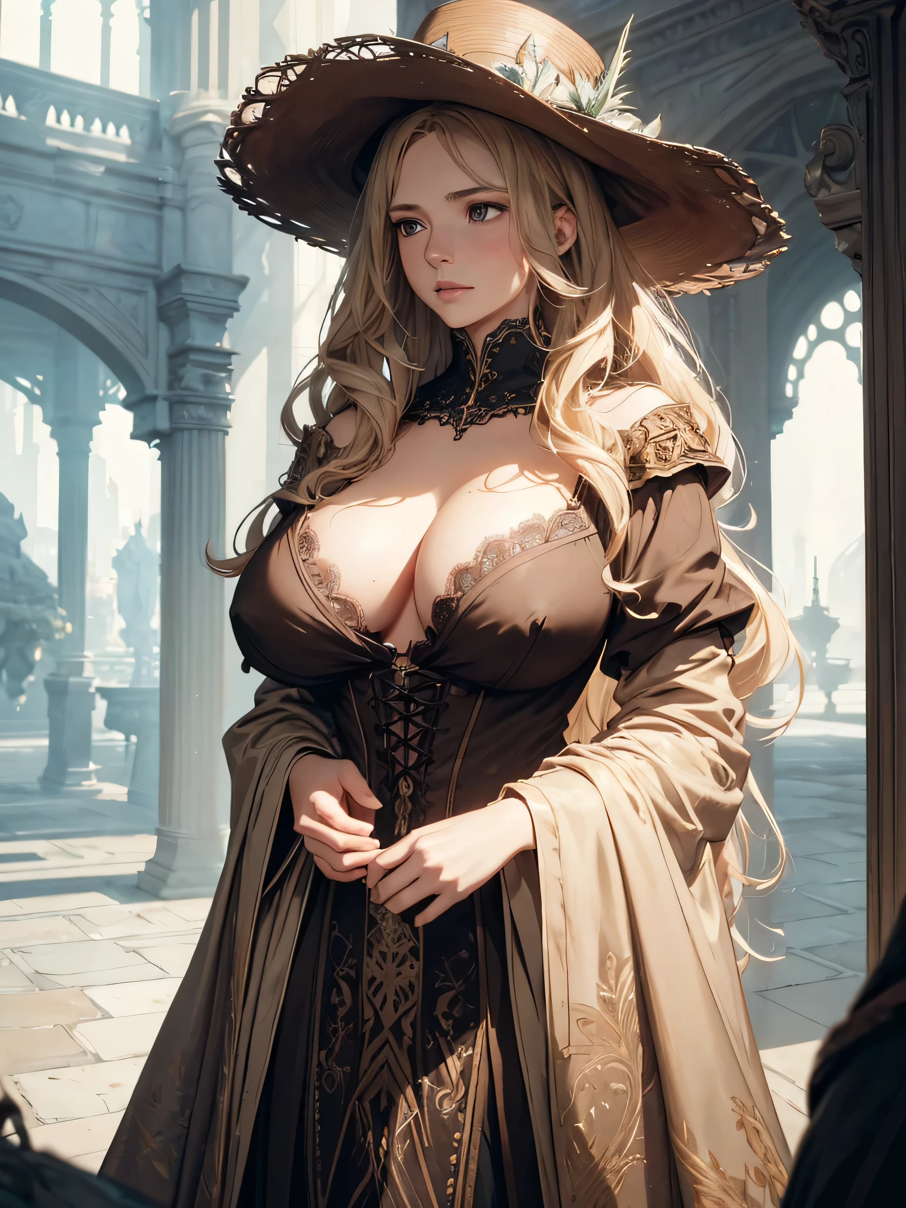 (by Greg Rutkowski: 1.2), (masterpiece), ((best quality)), extremely delicate and beautiful, illustration, highly detailed face and body. Aristocracy. daughter. Long wavy blonde hair. Very warm clothes. (((Gigantic breasts covered by clothes))) ..Big hat. Heavy clothing. An elegant dress in calm colors. (((Warm-looking clothes with very little exposure))). cool face, HD. elegance. photorealism. Unreal engine. From Brian Froud and Carne Griffiths and Wadim Kashin and John William Waterhouse, 8K post-production, high resolution, hyperdetailed, depth of field, HDR, intricate