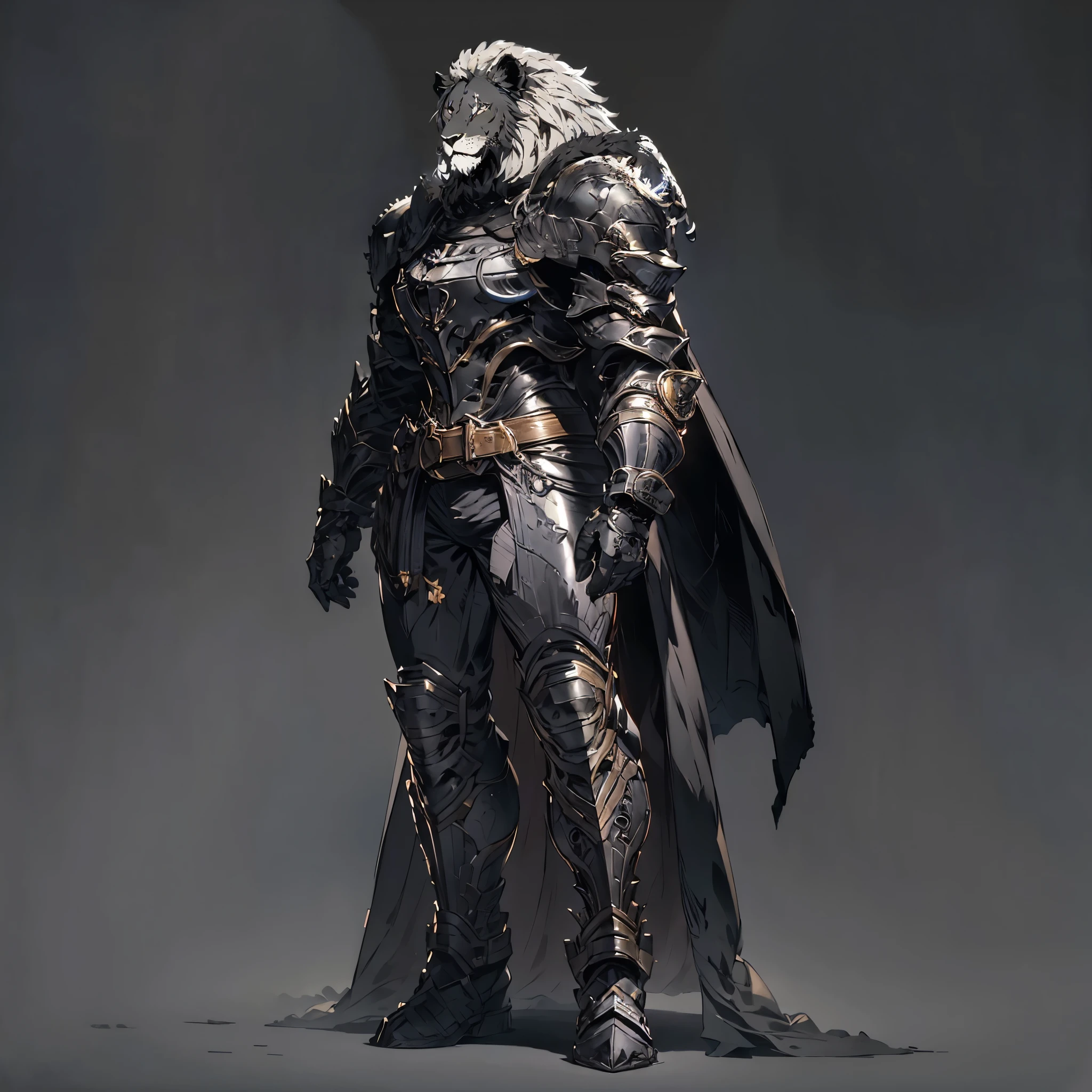 
masterpiece, best quality, good quality, humanoid gray lion, Furry, a gray lush mane, scar on right eye, black armor, Combat armor, A lot of growth, black fur cape, Fantasy aesthetics, Highly detailed, shadowverse style