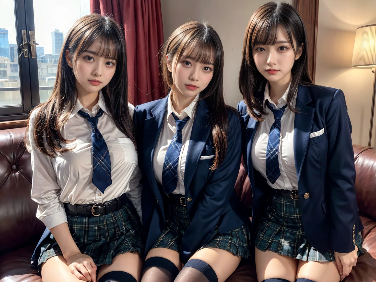 (8K, Raw photography, top-quality, masterpiece:1.2), master piece, best quality, illustration, Super detailed, fine details, High resolution, 8K,wall paper, perfect dynamic composition,(Details High quality, realistic depiction of eyes:1.3), ((2 girls, 2 schoolgirls)), The background is a luxury hotel room、High school girl uniform、blazer 、Super Short Check Uniform Skirt、Navy blue high socks、garterbelts、Colossal tits、Disturbed uniform, Play with each other,Touching each other's bodies,Touching the body of the girl next door, short bob hair, black hair color, huge breasts, Big Natural Color Lip, bold sexy pose, (perfect body shape), crying a little、cold gaze, Beautiful makeup,glitter makeup,Cutest 18 years old, beautiful legs, hposing Gravure Idol, Voluptuous thighs
