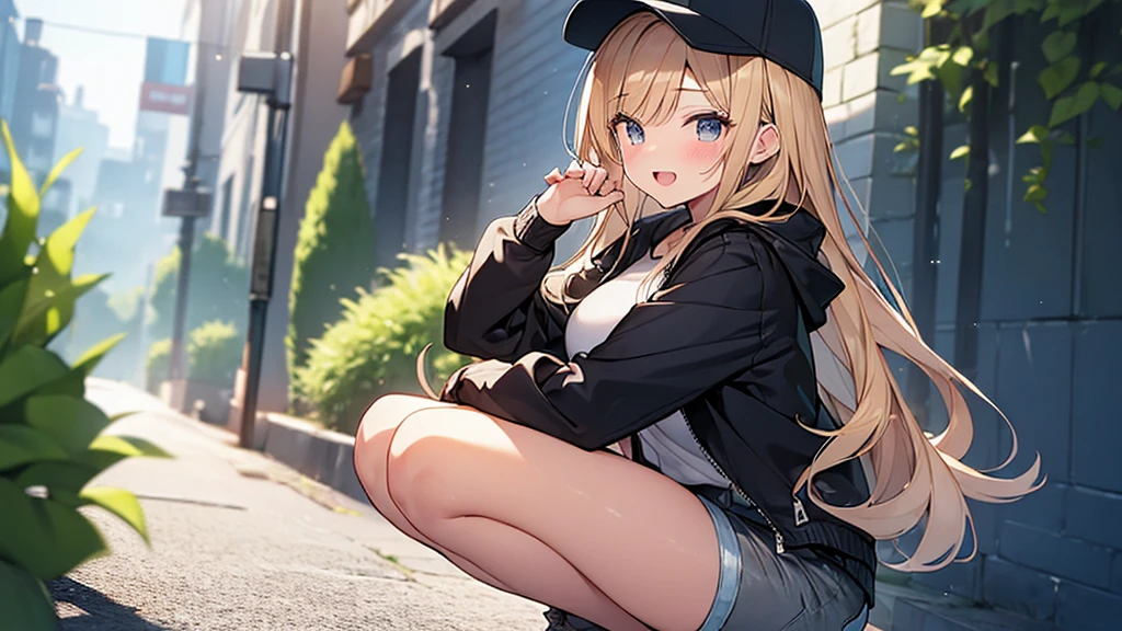 (Masterpiece, Top quality:1.5), 1 beautiful girl, squatting down, from side, Blonde, medium Hair, wavy Hair, asymmetry bangs, swept bangs, airy hair, large breasts:1.2, , standard weight, (cool jacket, Shorts :1.3), baseball cap, smile:1.3, blush, beautiful scene of narrow Alley, blurry background, magnificent panorama view, blurry background, open mouth