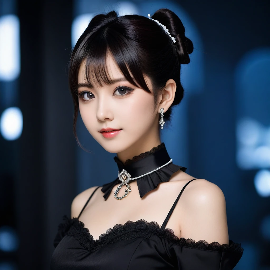 8k, Ultra-high resolution, Highest quality, masterpiece, 三分割法によるphotograph,Surreal, photograph, 1 Girl, (:1.3), pretty girl, Cute Face, Beautiful eyes in every detail, 細かくdetailedに,masterpiece,One Girl:1.2,Japanese female announcer,extream close up,grin,Black short hair,Short ponytail,Maid Android,((Fusion of Gothic Lolita and La fashion:1,bracelet, chest, choker, clavicle, Earrings,Futuristic cityscape ,Perfect and beautiful face ,完璧でCute Face, Skin with attention to detail, Perfect limbs、Narrow waist,Looking at the audience,(((Ideal body type))),Aカップの小さなchest :2,Portraiture:2,Perfect Anatomy,鮮明なdetailed,detailed,Surreal,Light and shadow,spotlight