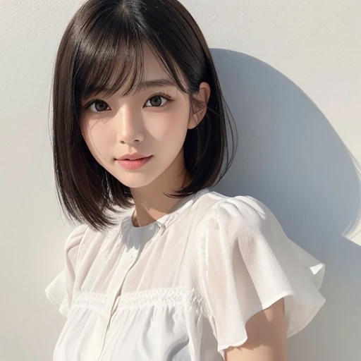 20-year-old women、Japanese、Beauty、White ruffled blouse、White Background、Natural Whitening, Black short hair