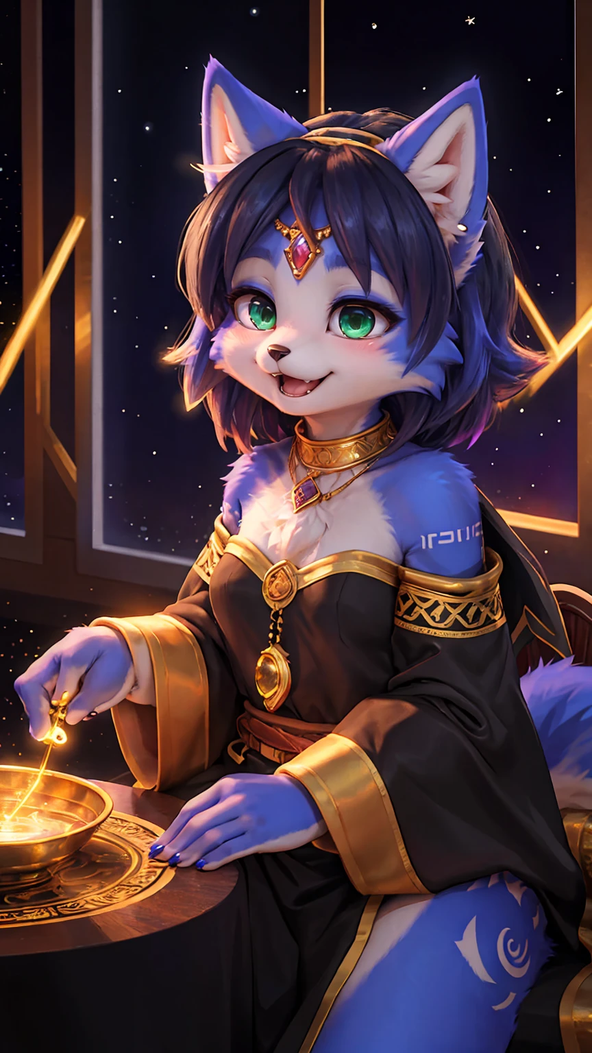 A beautiful and detailed (sweet picture) wa ((krystal)), Star Fox Krystal, sslim, lovable, green eyes, medium breasts, (((Long blue hair 1.3))), ((black hair tips)), Decollete, grin, look up,, anthro, furry, Uploaded E621, detailed fluffy fur, (wa Fluff-Kevlar, Bayard Wu, personalize me, Pino Daeni), detailed face, (fluffy), 1 girl, alone, Tribal clothing, sweet girl, alone, ASCIIrealisti, masterpiece,
(Three quarters back) VIEW, back, over shoulder, shot above, detailed and extremely fluffy body fur,
shiny coat, green eyes, small breasts, Cute fangs,
sit on a table, sexy Pose,
((Long wavy purple hair, Hair above the eye)),
(purple and Schwarz elegant dress|Starry Night Empress Robes, dark dress, reminiscent of a starry sky, flowing cape, Crescent Accessories),
Shimmering Gold, gold necklace, Gold anklets, Gold Bracelets, Golden Belt, golden chain decoration, golden tiara,
Half Closed Eyes, open mouth, Happy,
uploaded to e621, (wa Hasui Kawase:0.5), wa Barbara Takenaga, wa Affandi, wa Beatrice Ethel Lithiby, wa Catcouch,
furrycore,
Night time,
decorated fantasy throne room, colored magic lights, Dim the light,
Antique brass lamps, Hanging brass lamps with stained glass panels cast warm and colorful light into the room, lavishly decorated bed, Cryptic Alchemy Lab radiates an unearthly glow, that defies the laws of natural light., Alchemy laboratory with bubbling potions and mysterious ingredients, living crystalline column,
detailed, realisti, 8K UHD, good quality, good quality photography, 3-point lighting, Flash with softbox, 4K, Canon EOS R3, HDR, smooth, keen focus, High resolution, Award-winning photo, 80mm, f2.8, bokeh,
Film composition, cinematic lighting,highly detailed, masterpiece, best quality,