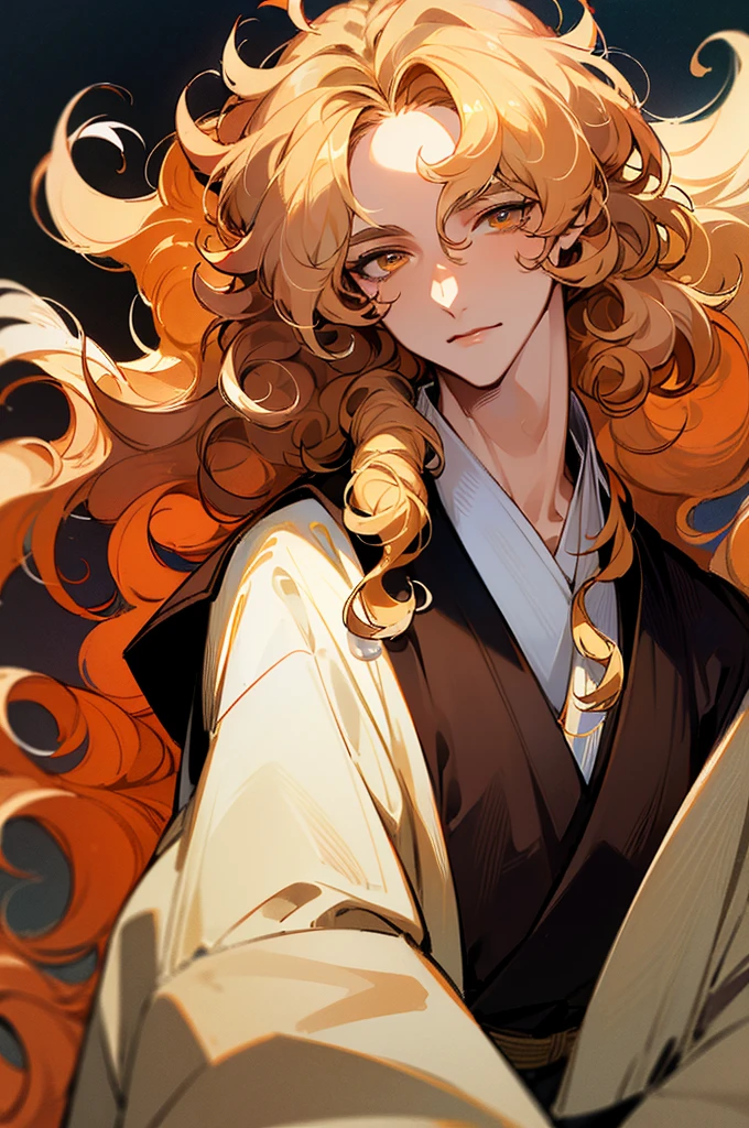 ((masterpiece)), ((one man)), man, man in late 30s, brown skin, amber eyes, detailed eyes, light blond hair, middle lenght hair, middle lenght curly hair, ((curly hair)), curly hair, tall, handsome, mature, white kimono,