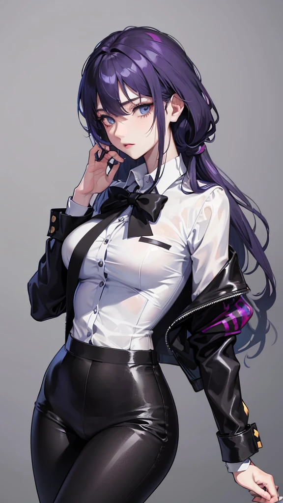 (Top resolution、Distinct_image)top-quality、A girl、masterpiece、highly detailed, half body, Semi-realistic、blue eyes 、dark purple hair, 18year old,young 、Exquisite facial features、Facial features ,variation potrait , long hairstyles,, teenage, cool , cold sharp eyes, survivor, An expression of anger. ,tall, lifeless eyes, blood on face, emotionless, {Very detailed 8k CG unit wallpaper,normal breasts ,cool handsome girl, wearing suit , mafia , white shirt, black pants , detective, police woman,plump body ,