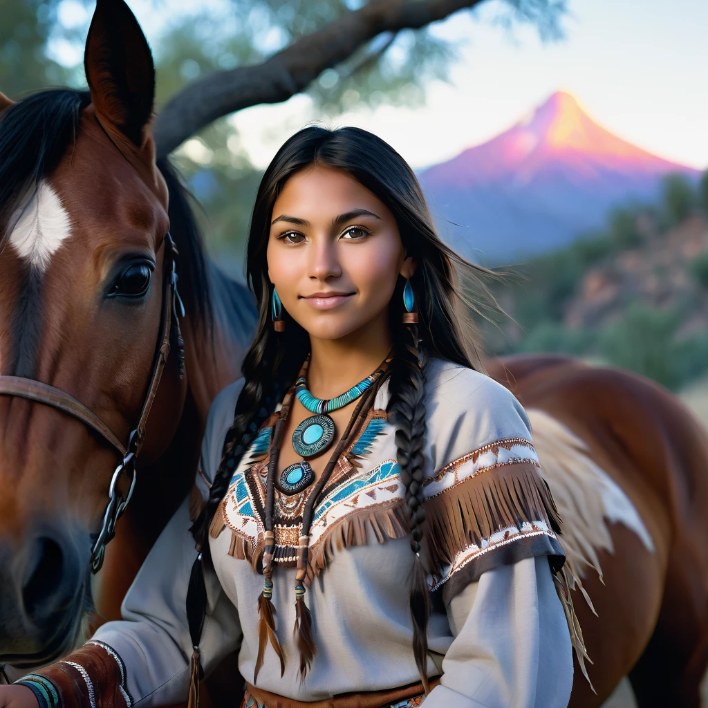 (grainy:0.5), cinematic, beautiful girl 25 year old native american,fantasy,(solo:1.3), detailed eyes, detailed face, detailed native american sexy clothing, volumetric lighting, dusk, extremely detailed background, standing next to tree and mountain, smiling, half closed brown eyes, tilted head, from side, sitting next to her horse