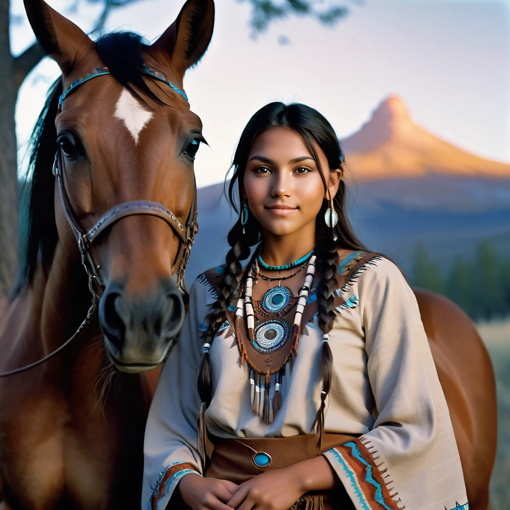 (grainy:0.5), cinematic, beautiful girl 25 year old native american,fantasy,(solo:1.3), detailed eyes, detailed face, detailed native american sexy clothing, volumetric lighting, dusk, extremely detailed background, standing next to tree and mountain, smiling, half closed brown eyes, tilted head, from side, sitting next to her horse