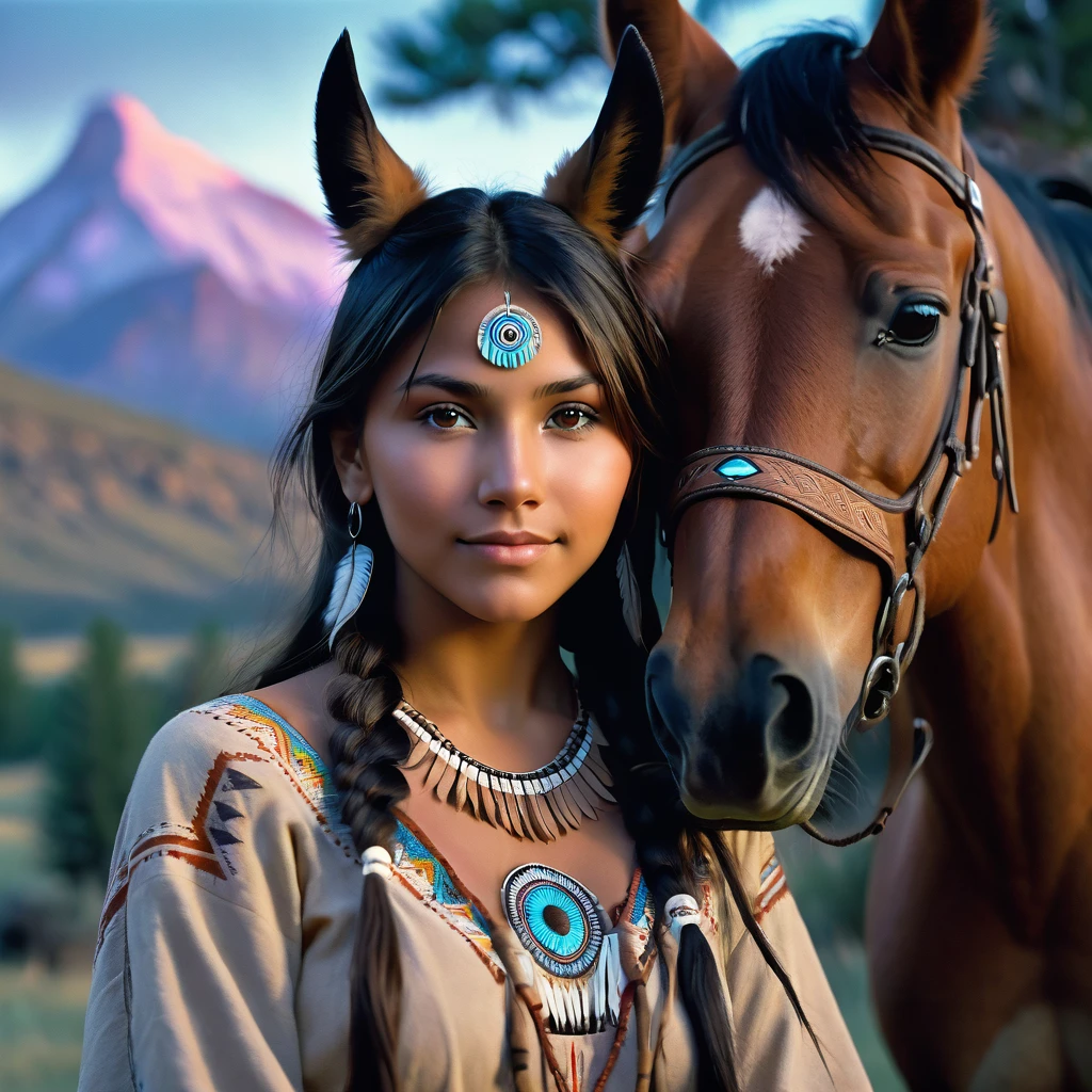 (grainy:0.5), cinematic, beautiful girl 25 year old native american,fantasy,(solo:1.3), detailed eyes, detailed face, detailed native american sexy clothing, volumetric lighting, dusk, extremely detailed background, standing next to tree and mountain, smiling, half closed brown eyes, tilted head, from side, sitting next to her horse