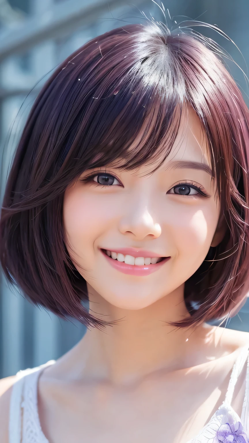 Bob Hair、kind、cute、bright、smile、Anime style illustrations、Background Light Purple