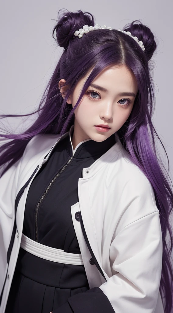 beautiful girl with purple hair and a white jacket holding a sword, kimetsu no yaiba, realistic