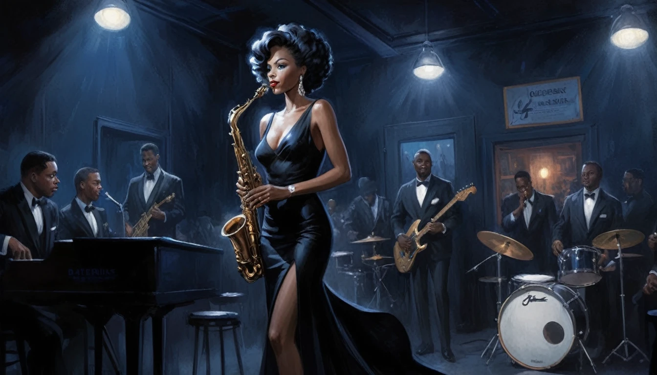 alabama bar, blue note, charismatic, baterist, guitarist, saxophonist, jazz band, black dress, illustration, noir fantasy, singer lady, 