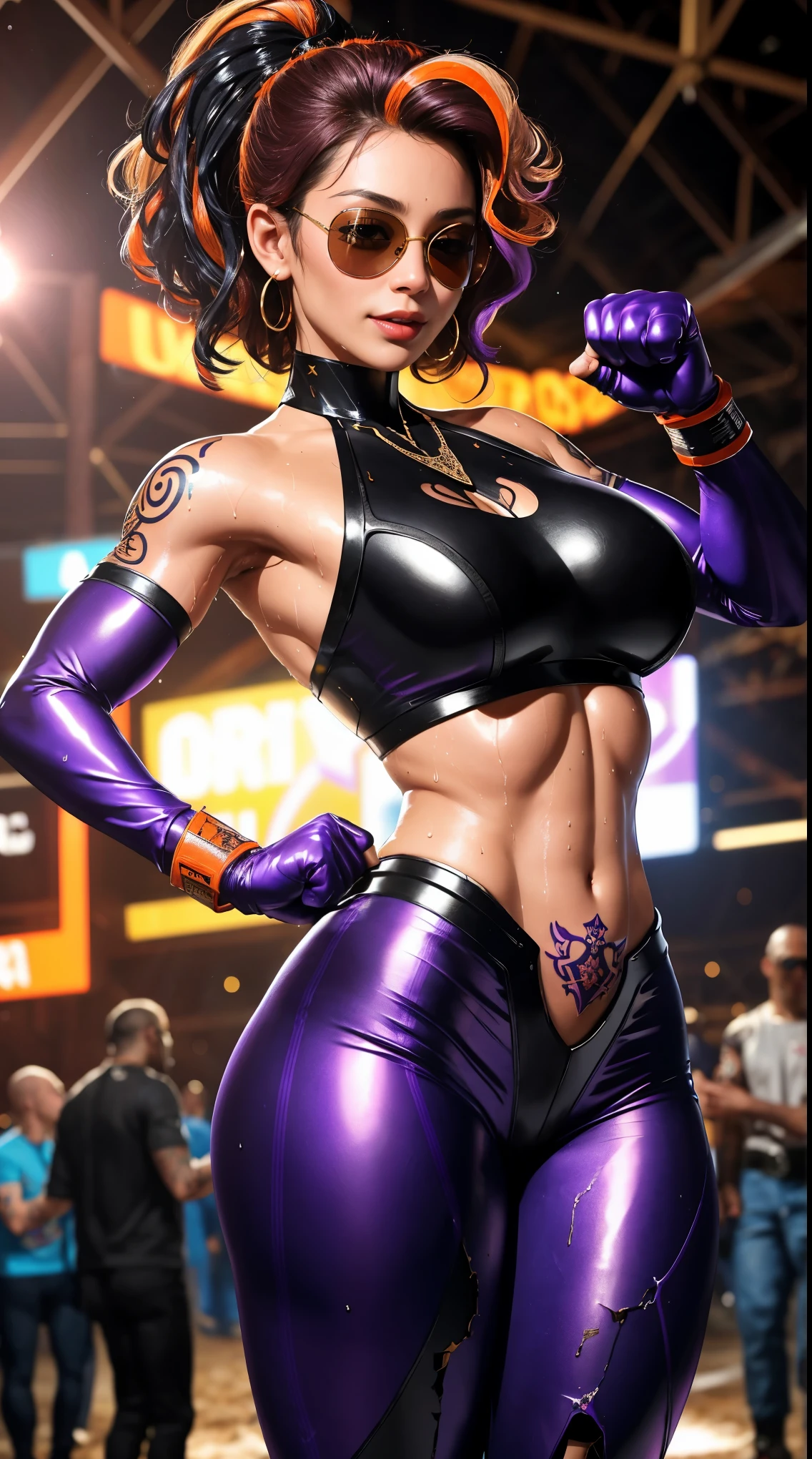 boxing woman,boxing glove,((Sunglasses:1.3)),((Religious tattoos:1.3)),(confident smile),strong look,I look at the viewer,perfect face,gentle face,giant breasts,soldier vest,black trousers,((Damaged clothing:1.4)),Ear pendants,Cross Necklace,((fighting stance:1.2)),((black skin:1.3)),curly hair,((purple orange highlights hair:1.2)),((cyborg:1.2)),Strong hands,perfect abs,thin waist,thick legs,wide hips, (Sweating:1.4),(wet clothes:1.3),((wet skin:1.3)),Shiny skin,Highly detailed face, Beautiful, detailed eyes,upper body, broke up_lips, realistic,the background is purple ,Bright mood, hips,((In the underground arena "Black Fist")), battle zone,detailed texture, highlight, bright color, strong light_contrast,
finely detailed leather, Sharp Focus, cold lighting,Cool tone filter, masterpiece,A lot of spectators,night,
16 thousand., Best quality, photorealistic,HDR,uhd
