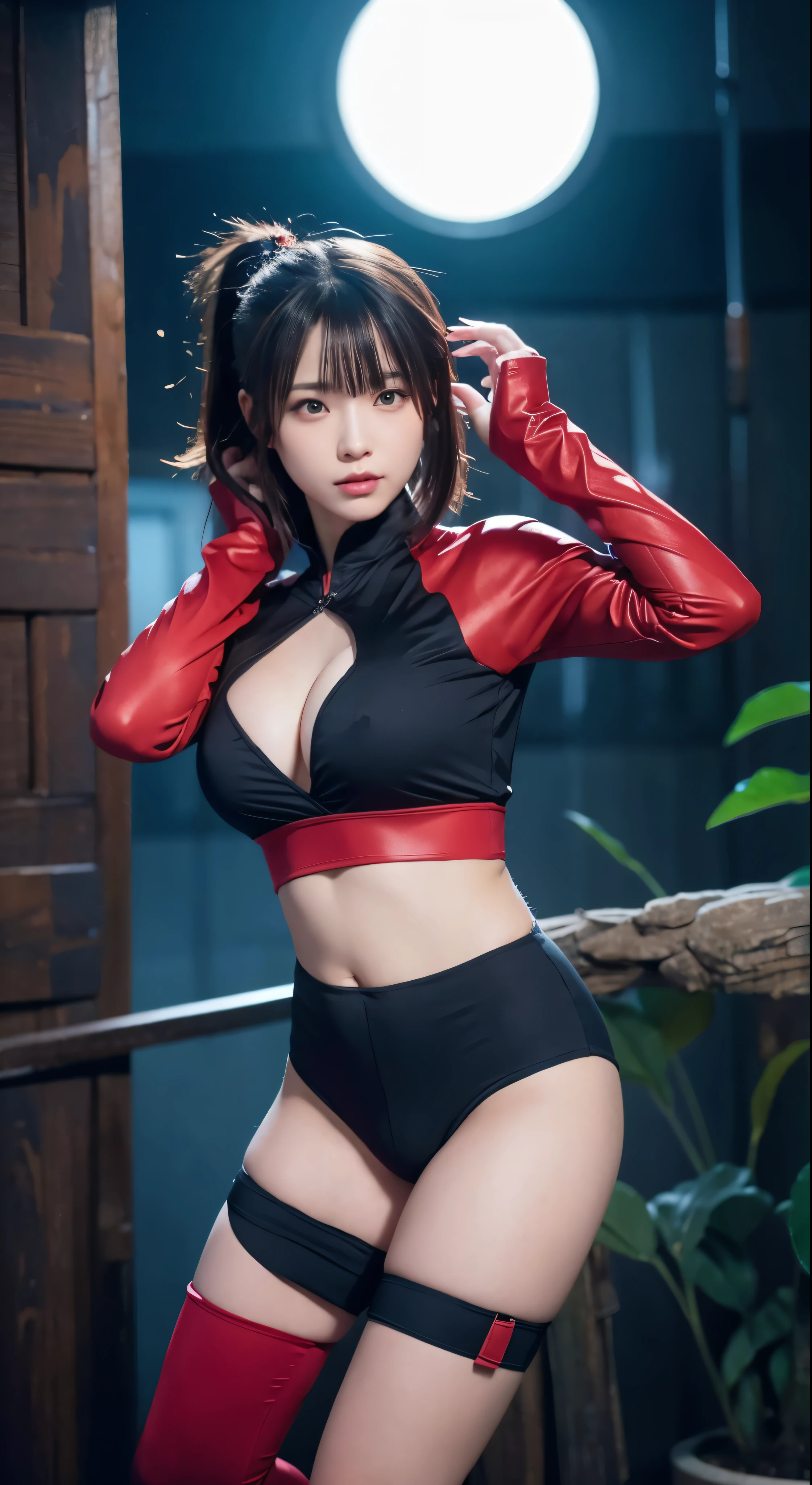 with high definition images、Epic Ninjutsu Shot、front、Award-winning photography、Every Ninja、Female ninja、Glowing Sword、In red photorealistic ninja style、The face is showing、Ultra-realistic illustrations、Facial details、Cinematic Screenshots Unreal Engine、Zbrush3DアートVray、Glow Special、Post Effects、Style expressive--S 400,High definition images of beautiful female ninjas,Full body high quality images