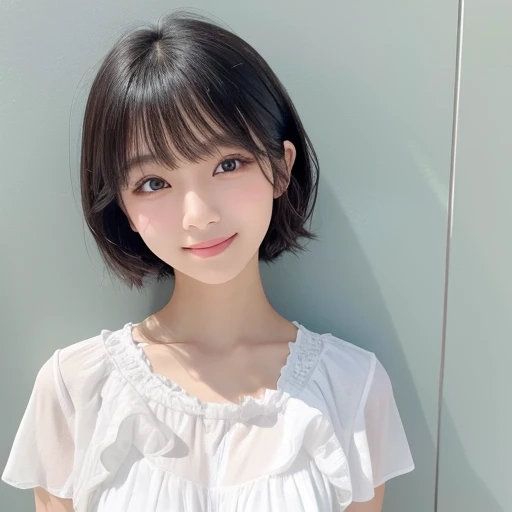 20-year-old women、Japanese、Beauty、White ruffled blouse、White Background、Natural Whitening, Black short hair