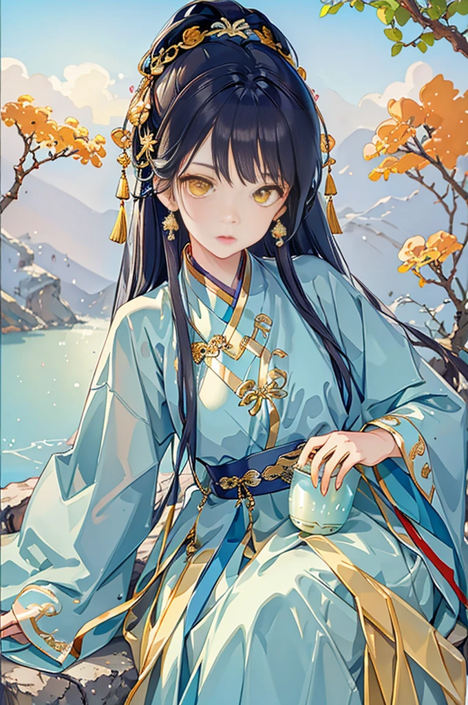 Best quality at best,Complicated details,A high resolution,(beautiful detailed water:1.4),(Hanfu,Tang Feng),Yellow eyes,(Girl in a glass jar:1.1),drinking milktea