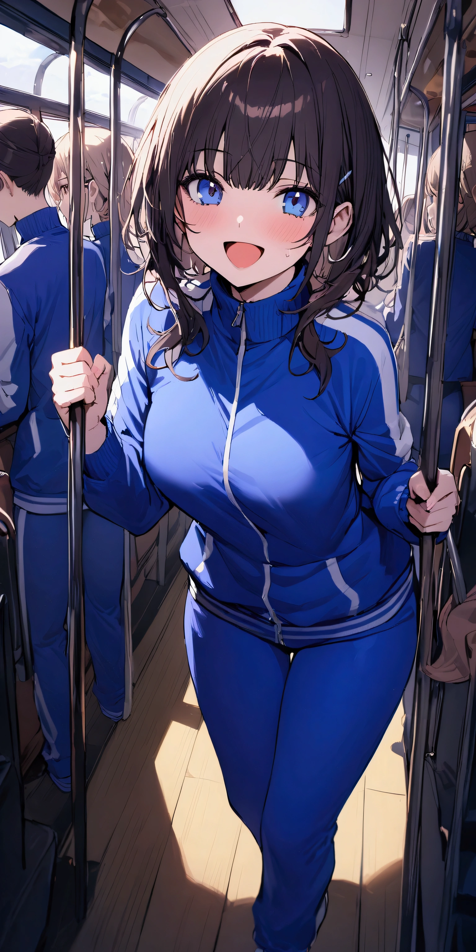 masterpiece, Highest quality, Ultra-high resolution, (beautiful girl: 1.3), (((Layered cut)))、,Looks about 15 years old、A big smile, (Blue sweatpants:1.3), (The jacket is a blue track jacket.: 1.3), The interior of a prestigious, luxurious large Japanese tourist bus,All seats face forward,There are no iron bars or hanging straps.,There are no iron bars or hanging straps in sight.,Many classmates dressed the same,All my classmates are girls,クラスメイトは彼女と同じで全員Blue sweatpantsを履いています,Her classmates are wearing blue track jackets just like her.,(Focus on the very big things, Round and beautifully shaped butt),She is standing at the front of the bus,She is singing with her back to us, holding a microphone in her hand.,Open your mouth wide enough to see the back of your throat,clenched hand,leaning forward