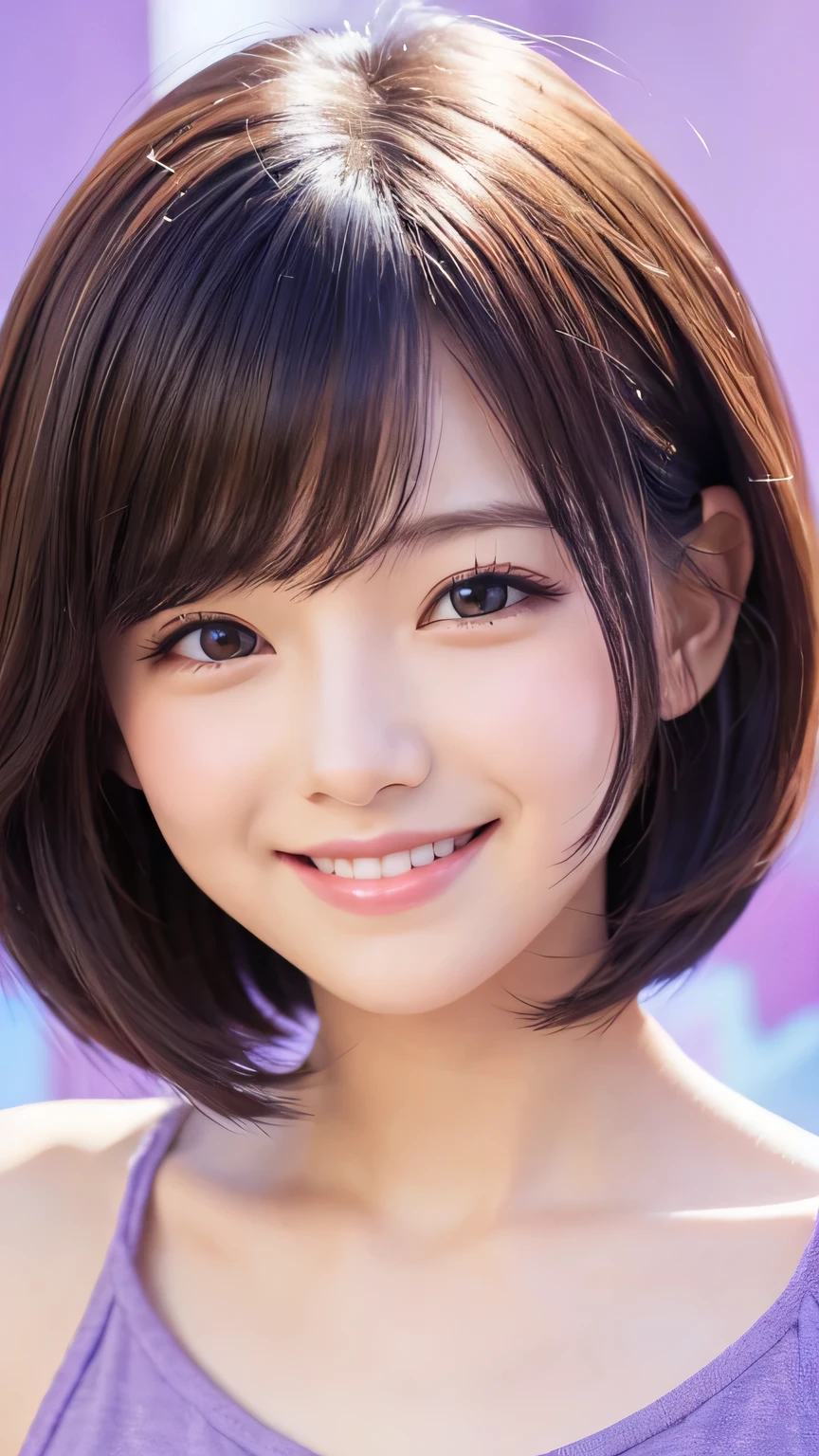 Bob Hair、kind、cute、bright、smile、Anime style illustrations、Background Light Purple