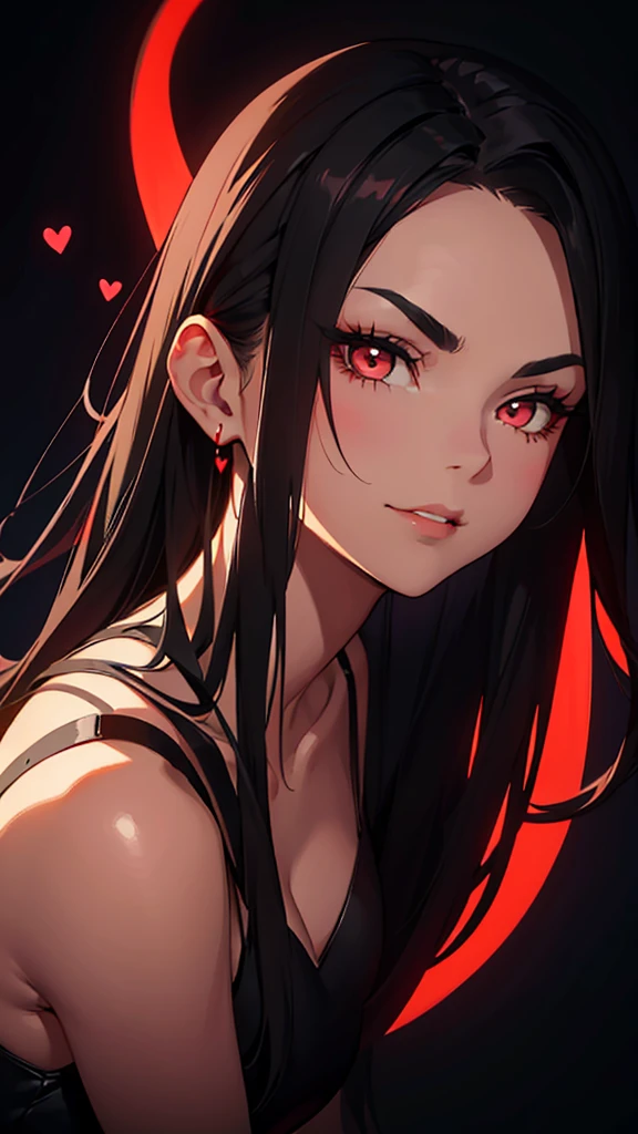 A stylized digital portrait of a young woman with long, sleek dark hair, posing with a tilted head and gazing directly at the viewer. She has sharp, well-defined eyebrows, full lips, and a serene yet slightly mysterious expression. The background features glowing red little devil and a heart outline, giving a playful and edgy atmosphere. The lighting accentuates her facial features, creating a dramatic contrast between light and shadow. The overall aesthetic is modern and bold, with a hint of mischievousness.