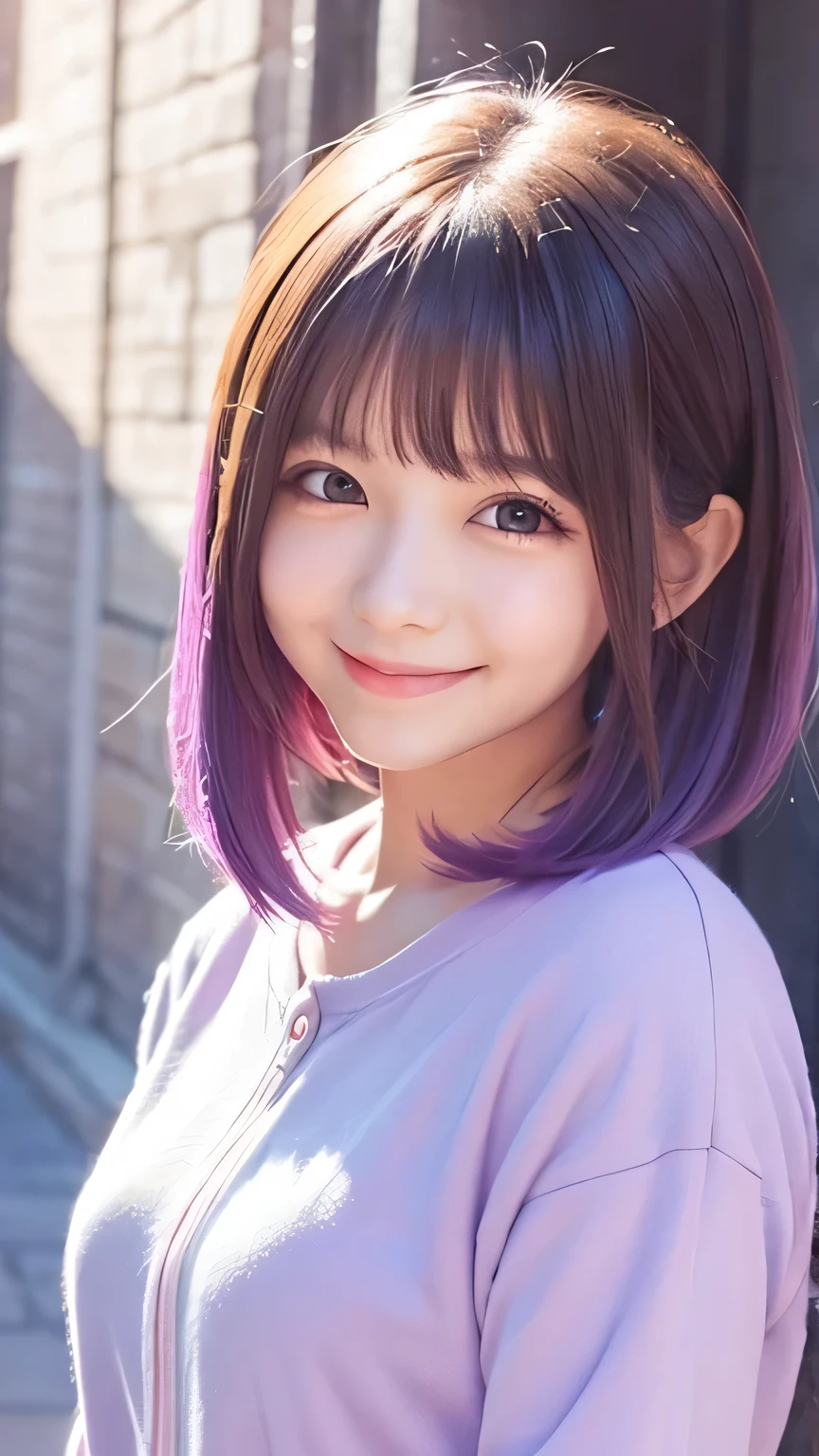 Bob Hair、kind、cute、bright、smile、Anime style illustrations、Background Light Purple
