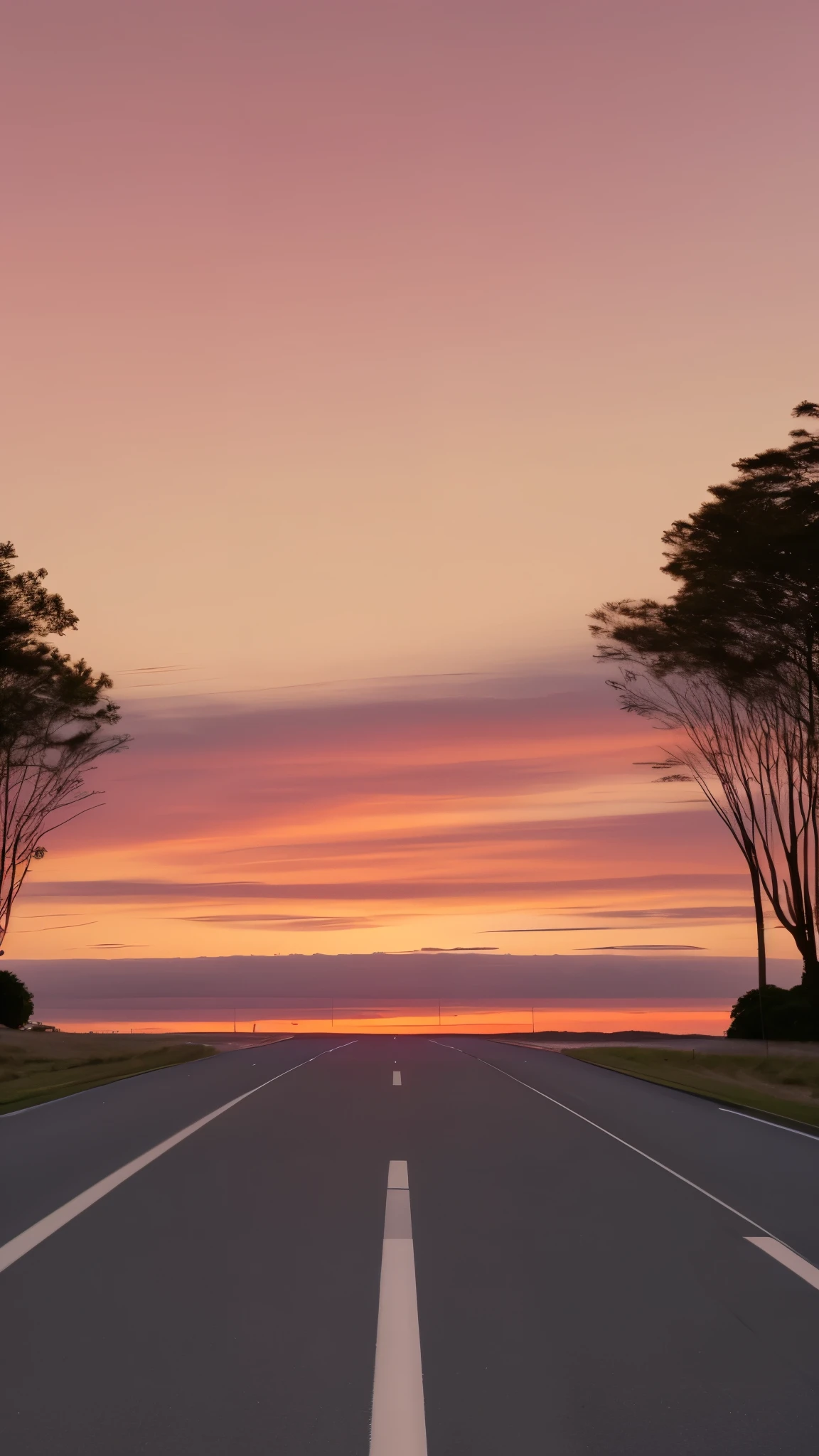A straight road leading to the horizon、The sky is dusk、Sunset