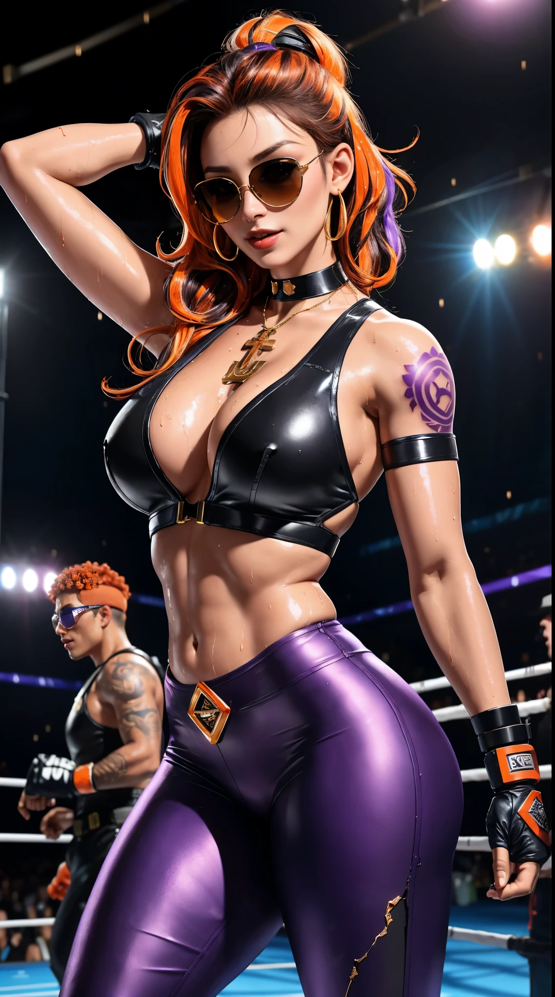 boxing woman,boxing glove,((Sunglasses:1.3)),((Religious tattoos:1.3)),(confident smile),strong look,I look at the viewer,perfect face,gentle face,giant breasts,tight soldier vest,tight black trousers,((Damaged clothing:1.4)),Ear pendants,Cross Necklace,((fighting stance:1.2)),((black skin:1.3)),curly hair,((purple orange highlights hair:1.2)),((cyborg:1.2)),Strong hands,perfect abs,thin waist,thick legs,wide hips, (Sweating:1.4),(wet clothes:1.3),((wet skin:1.3)),Shiny skin,Highly detailed face, Beautiful, detailed eyes,upper body, broke up_lips, realistic,the background is purple ,Bright mood, hips,((In the underground arena "Black Fist")), battle zone,detailed texture, highlight, bright color, strong light_contrast,
finely detailed leather, Sharp Focus, cold lighting,Cool tone filter, masterpiece,A lot of spectators,night,
16 thousand., Best quality, photorealistic,HDR,uhd