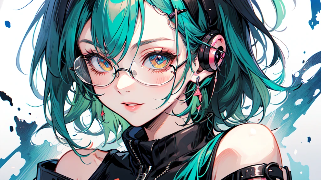 (masterpiece), best quality, expressive eyes, perfect face, (((ultra detailed, 8k quality))), 1 woman, close up, brown hair, short hair, messy hair, ahoge, ((green streaks in hair)), greenish-brown eyes, mascara, black eyeliners, glasses, pink lips, gentle smile, blushing, slender, large breasts, wide hips, a woman with headphones,, standing in front of a wall of posters, lofi girl aesthetic, anime wallaper,retro anime girl, lofi aesthetic,((old anime style)), 