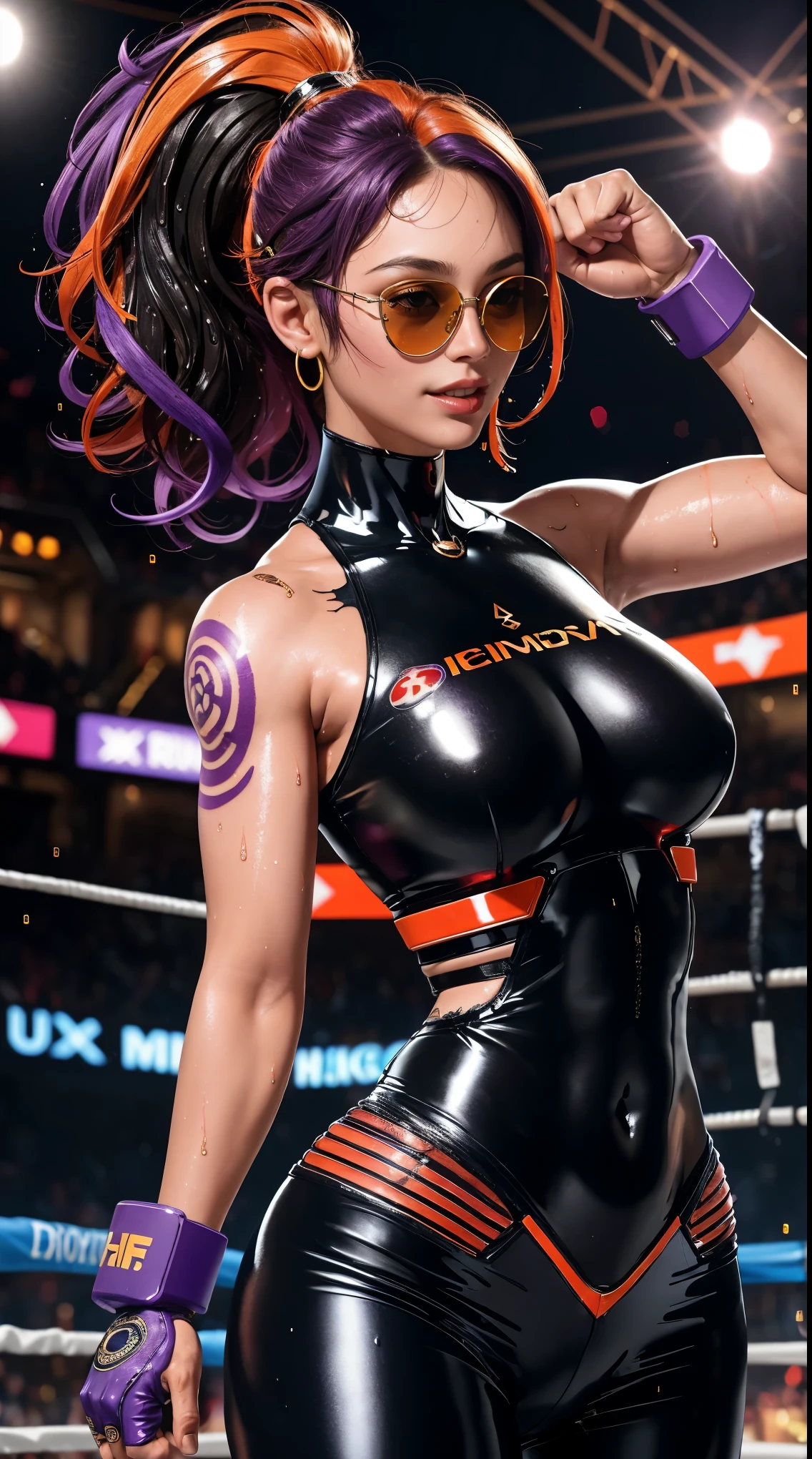 boxing woman,boxing glove,((Sunglasses:1.3)),((Religious tattoos:1.3)),(confident smile),strong look,I look at the viewer,perfect face,gentle face,giant breasts,tight soldier vest,tight black trousers,((Damaged clothing:1.4)),Ear pendants,Cross Necklace,((fighting stance:1.2)),((black skin:1.3)),curly hair,((purple orange highlights hair:1.2)),((cyborg:1.2)),Strong hands,perfect abs,thin waist,thick legs,wide hips, (Sweating:1.4),(wet clothes:1.3),((wet skin:1.3)),Shiny skin,Highly detailed face, Beautiful, detailed eyes,upper body, broke up_lips, realistic,the background is purple ,Bright mood, hips,((In the underground arena &quot;Black Fist&quot;)), battle zone,detailed texture, highlight, bright color, strong light_contrast, 
finely detailed leather, Sharp Focus, cold lighting,Cool tone filter, masterpiece,A lot of spectators,night,
16 thousand., Best quality, photorealistic,HDR,uhd