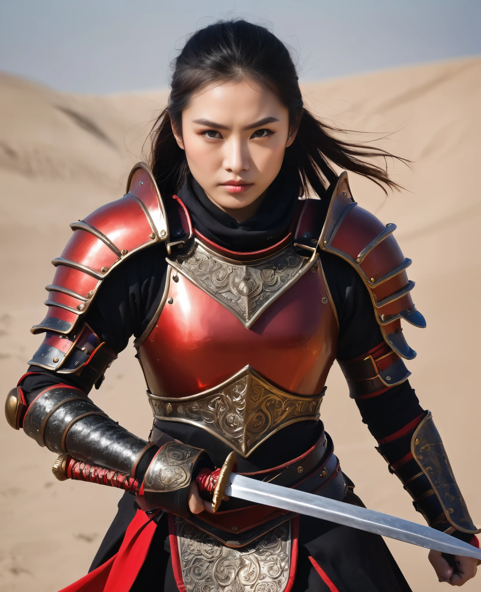 Highest quality photos, Young female warrior, Dressed in black and red armor、Fighting with a foil。Beautiful Face
