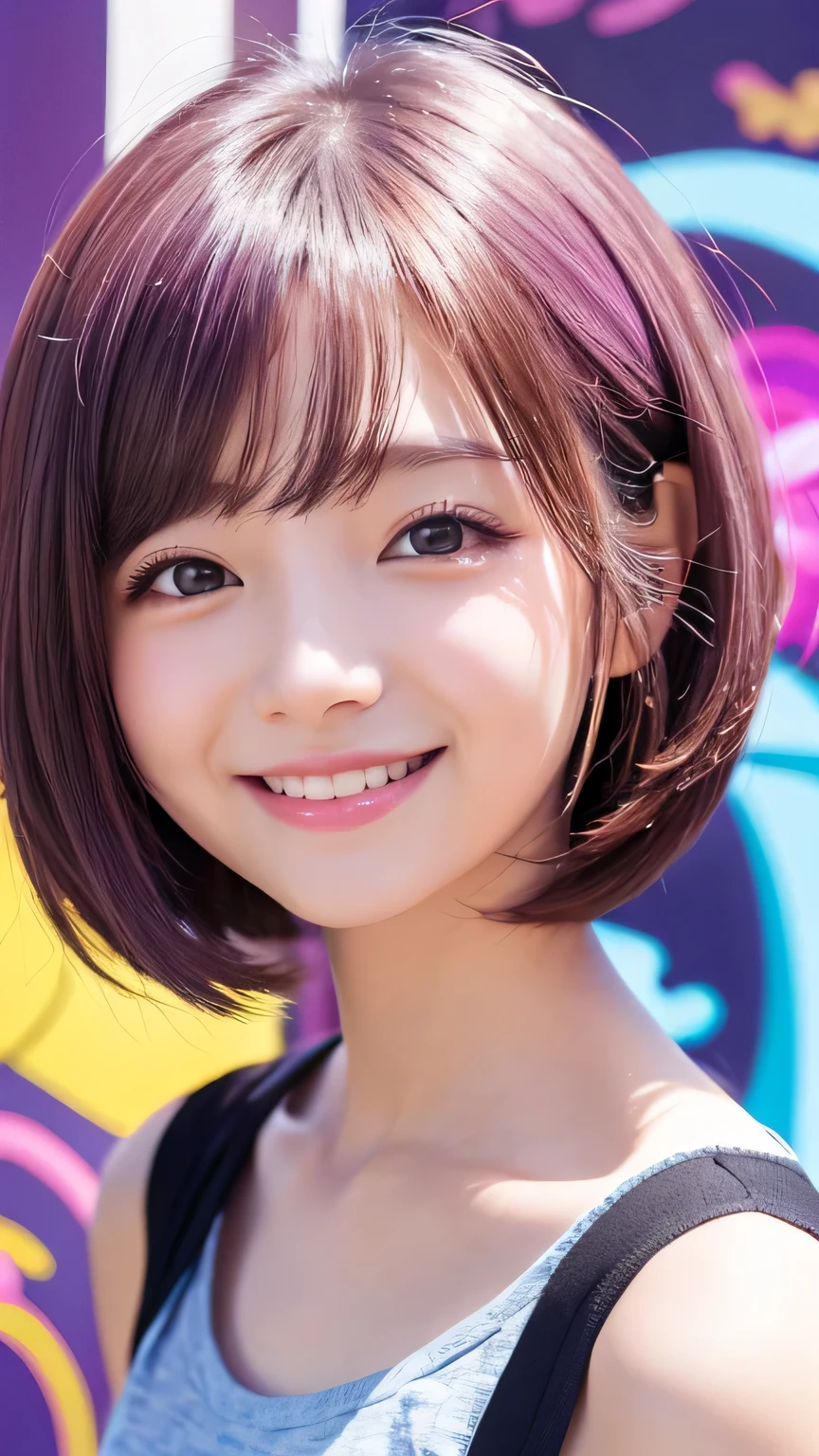 Bob Hair、kind、cute、bright、smile、Anime style illustrations、Background Light Purple