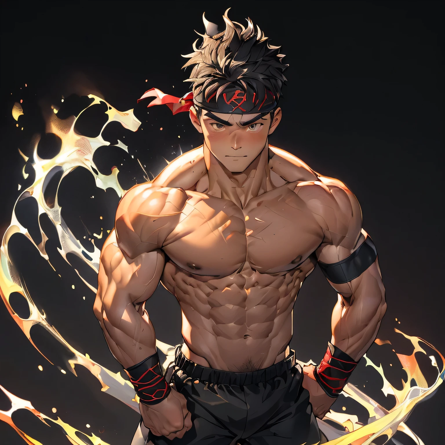 ((masterpiece, best quality)), (((((1boy, solo, black background, deep night, upper shot))))), (19 year old boy, worm eyes, Young boy, muscler, Shirtless, topless), (black Short straight hair, ((almost completely shaved hair)), under cut, brown eyes), (((red headband, black wristband))), Vivid colors, ((big breast:1.2, muscular body, imposing body, Imposing appearance, trapezoid torso, sturdy body, muscular body, defined round and fleshy pecs, defined washboard ABS, defined armsmuscular, well-defined muscles, developed body)), detailed face, detailed muscle, (((rippling muscles, Flowing his energy, giving off an aura of holy power, his energy waves and wind to emphasize the power of his magic. Highlight his aura, energy stream, boxing stance, fighting pose)))