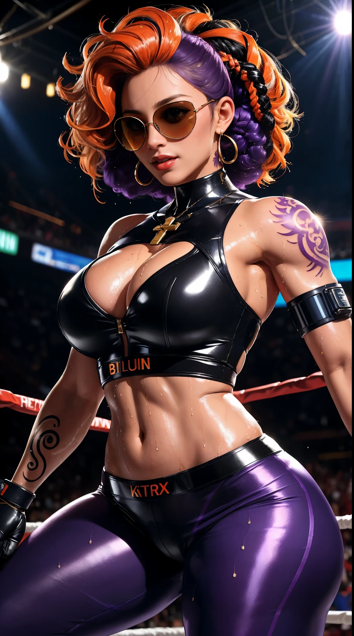 boxing woman,boxing glove,((Sunglasses:1.3)),((Religious tattoos:1.3)),(confident smile),strong look,I look at the viewer,perfect face,gentle face,giant breasts,tight soldier vest,tight black trousers,((Damaged clothing:1.4)),Ear pendants,Cross Necklace,((fighting stance:1.2)),((black skin:1.3)),curly hair,((purple orange highlights hair:1.2)),((cyborg:1.2)),Strong hands,perfect abs,thin waist,thick legs,wide hips, (Sweating:1.4),(wet clothes:1.3),((wet skin:1.3)),Shiny skin,Highly detailed face, Beautiful, detailed eyes,upper body, broke up_lips, realistic,the background is purple ,Bright mood, hips,((In the underground arena "Black Fist")), battle zone,detailed texture, highlight, bright color, strong light_contrast,
finely detailed leather, Sharp Focus, cold lighting,Cool tone filter, masterpiece,A lot of spectators,night,
16 thousand., Best quality, photorealistic,HDR,uhd