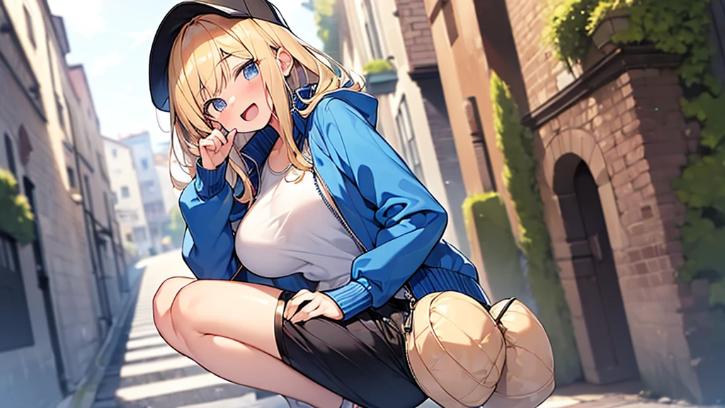 (Masterpiece, Top quality:1.5), 1 beautiful girl, squatting down, from side, Blonde, medium Hair, wavy Hair, asymmetry bangs, swept bangs, airy hair, large breasts:1.2, 16 year old, standard weight, (cool jacket, Shorts :1.3), baseball cap, smile:1.3, blush, beautiful scene of narrow Alley, blurry background, magnificent panorama view, blurry background, open mouth