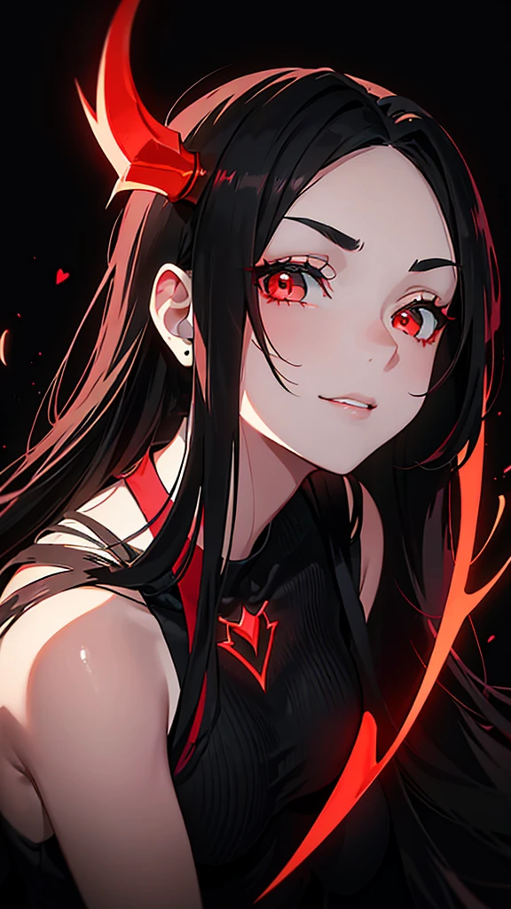 A stylized digital portrait of a young woman with long, sleek dark hair, posing with a tilted head and gazing directly at the viewer. She has sharp, well-defined eyebrows, full lips, and a serene yet slightly mysterious expression. The background features glowing red little devil and a heart outline, giving a playful and edgy atmosphere. The lighting accentuates her facial features, creating a dramatic contrast between light and shadow. The overall aesthetic is modern and bold, with a hint of mischievousness.