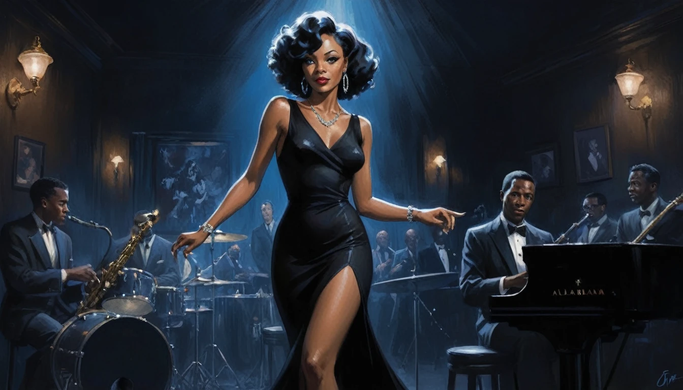 alabama bar, blue note, charismatic, baterist, guitarist, saxophonist, jazz band, black dress, illustration, noir fantasy, singer lady,