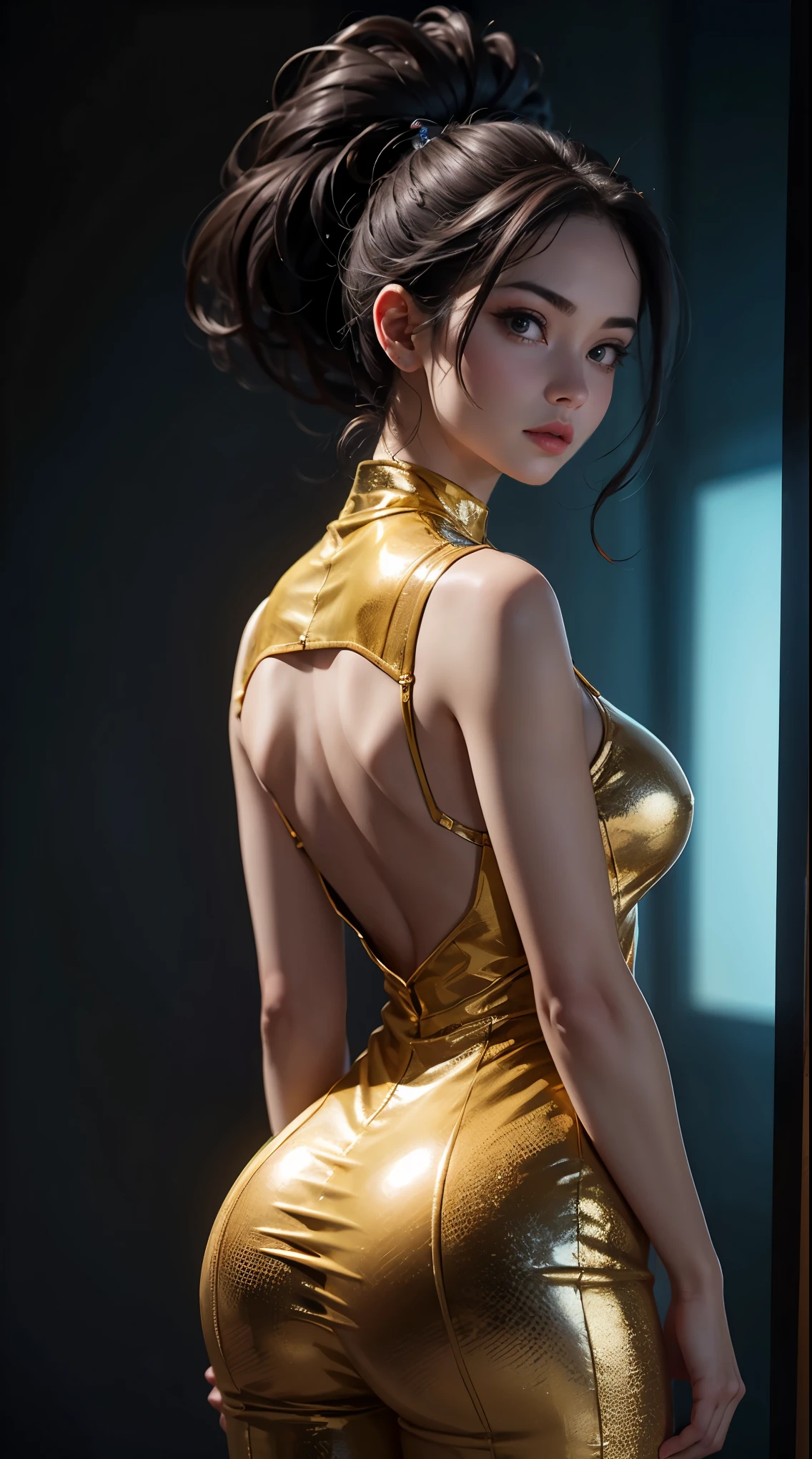 a beautiful woman wearing a gold jumpsuit, full length back view, showing her beautiful shapely ass, realistic, photorealistic, photo-realistic:1.37, (best quality,4k,8k,highres,masterpiece:1.2),ultra-detailed,(realistic,photorealistic,photo-realistic:1.37),detailed face and body, intricate details, cinematic lighting, dramatic shadows, stunning colors, highly detailed background