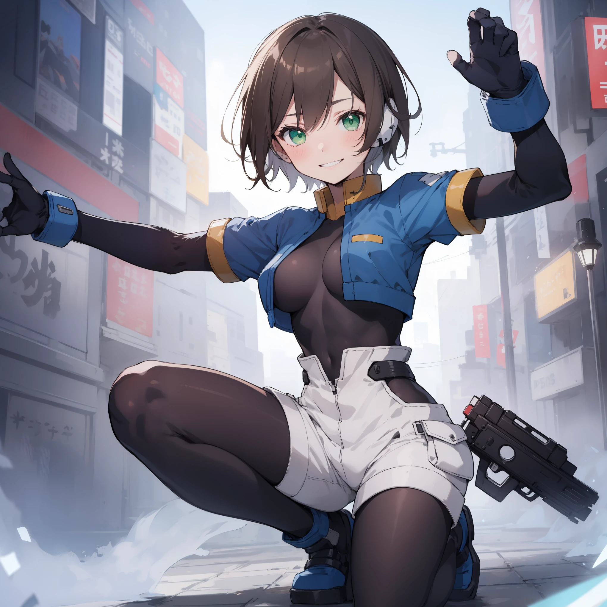 aile_megamanzx, kneeling with one hand on the ground and the other arm raised, 1girl, solo, short hair, brown hair, short sleeves, (bodysuit), robot ears, green eyes, short_shorts, short sleeves, short over long sleeves, smile, in futuristic city, , high quality, medium_breasts,crotch, slouch