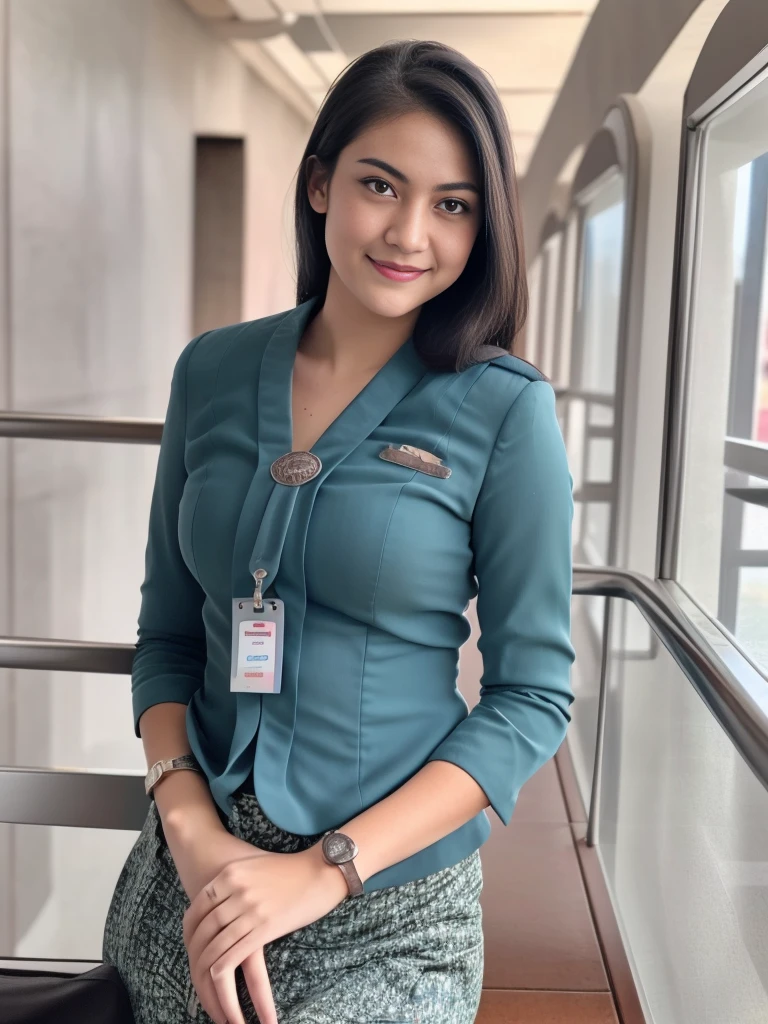 1girl, solo, 19 years old, (uniform), standing, in the middle of a large airport, seductive pose, thick medium breasts, fit body, smooth realistic skin, cute little smirk, looking at the audience, high angle shot, (overhead shot:1.2), (zoom-out:1.4), (8k, RAW photo, best quality, masterpiece: 1.4), (realistic, realistic: 1.37), ultra-high resolution, cowboy shot