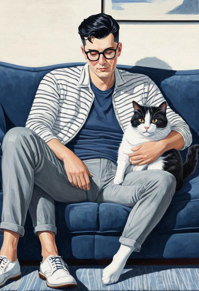 a tall, black-haired man with a pompadour, sitting on the floor of a room, resting his head on the lap of another white man, short-shaven hair, wearing glasses. 1 gray cat with white striped fur, on the white man's lap on the navy blue sofa.
Ilustração, Arte digital,