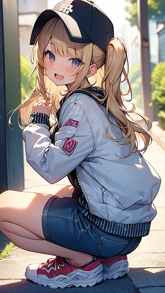 (Masterpiece, Top quality:1.5), 1 beautiful girl, squatting down, from side, Blonde, medium Hair, wavy Hair, asymmetry bangs, swept bangs, airy hair, large breasts:1.2, 16 year old, standard weight, (cool jacket, Shorts :1.3), baseball cap, smile:1.3, blush, beautiful scene of narrow Alley, blurry background, magnificent panorama view, blurry background, open mouth