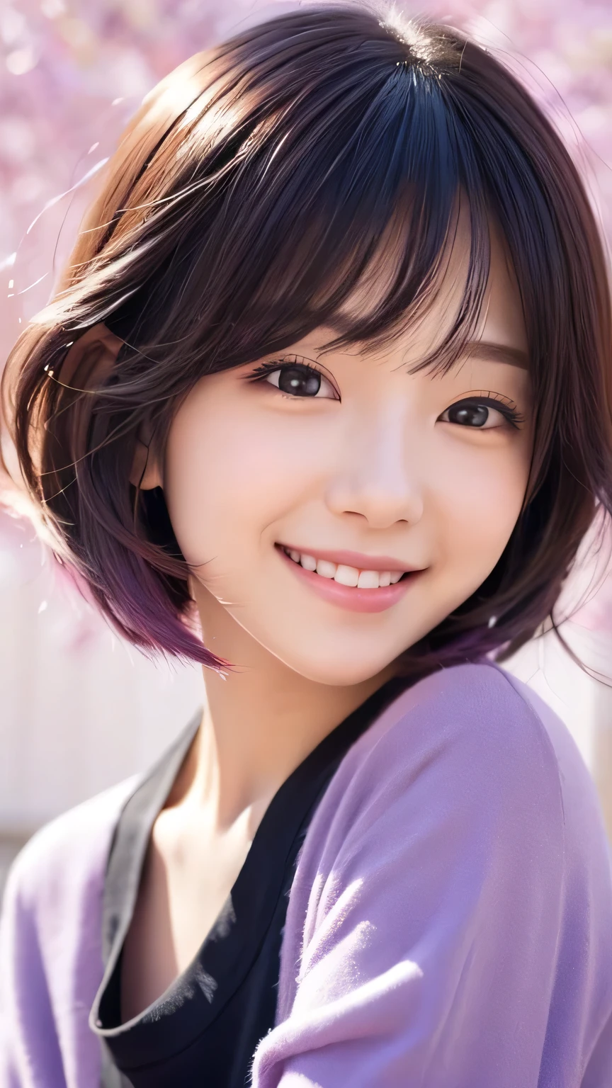 Bob Hair、kind、cute、bright、smile、Anime style illustrations、Background Light Purple