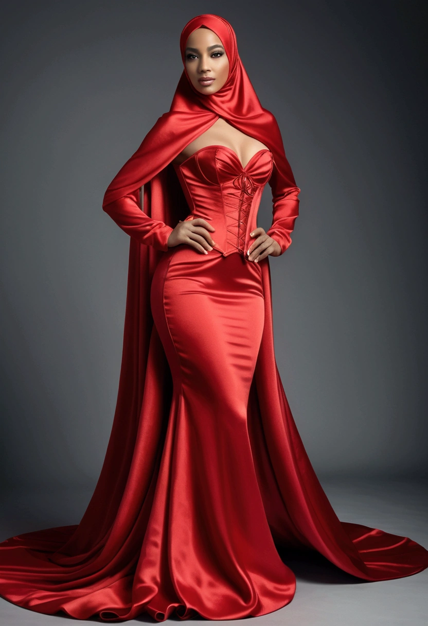 An alluring woman shrouded in a 8-meter-long, plush red satin cloth, tightly bound and grandly draping along the form of her body, flowing off into a pooled floor-length train, styled in a mermaid-inspired outfit, her head modestly veiled in a satin hijab,wear corset, truble when she walk with her outfit, full-body pose conveying a sense of elegance, captured in a 4k resolution, ultra-realistic