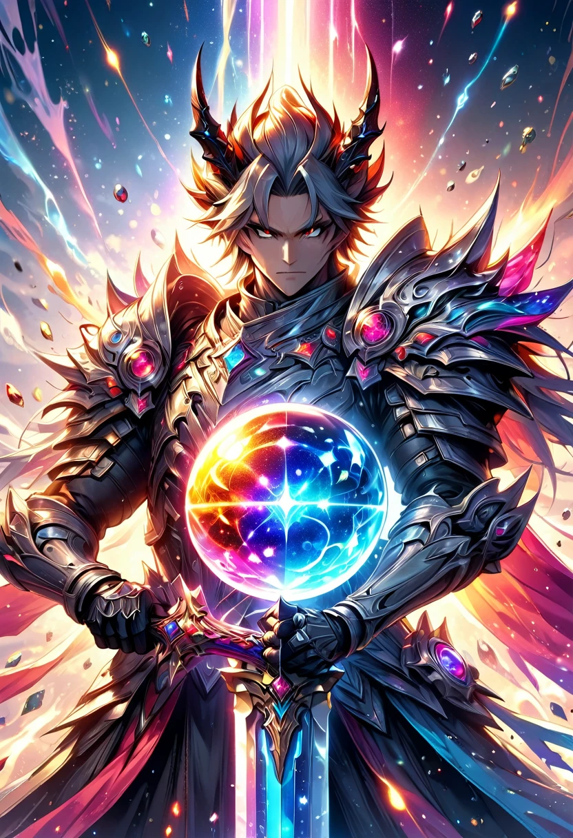 the holy sword Durandal, shatters the transparent crystal ball, erupting rainbow cosmic rays and sending the galaxy hurtling towards destruction, demon king, background galaxy, (ultra detailed, absolutely resolution, best quality:1.3), 2.5D, delicate and dynamic, artistic photography, hyper realistic, graphic CG digital art