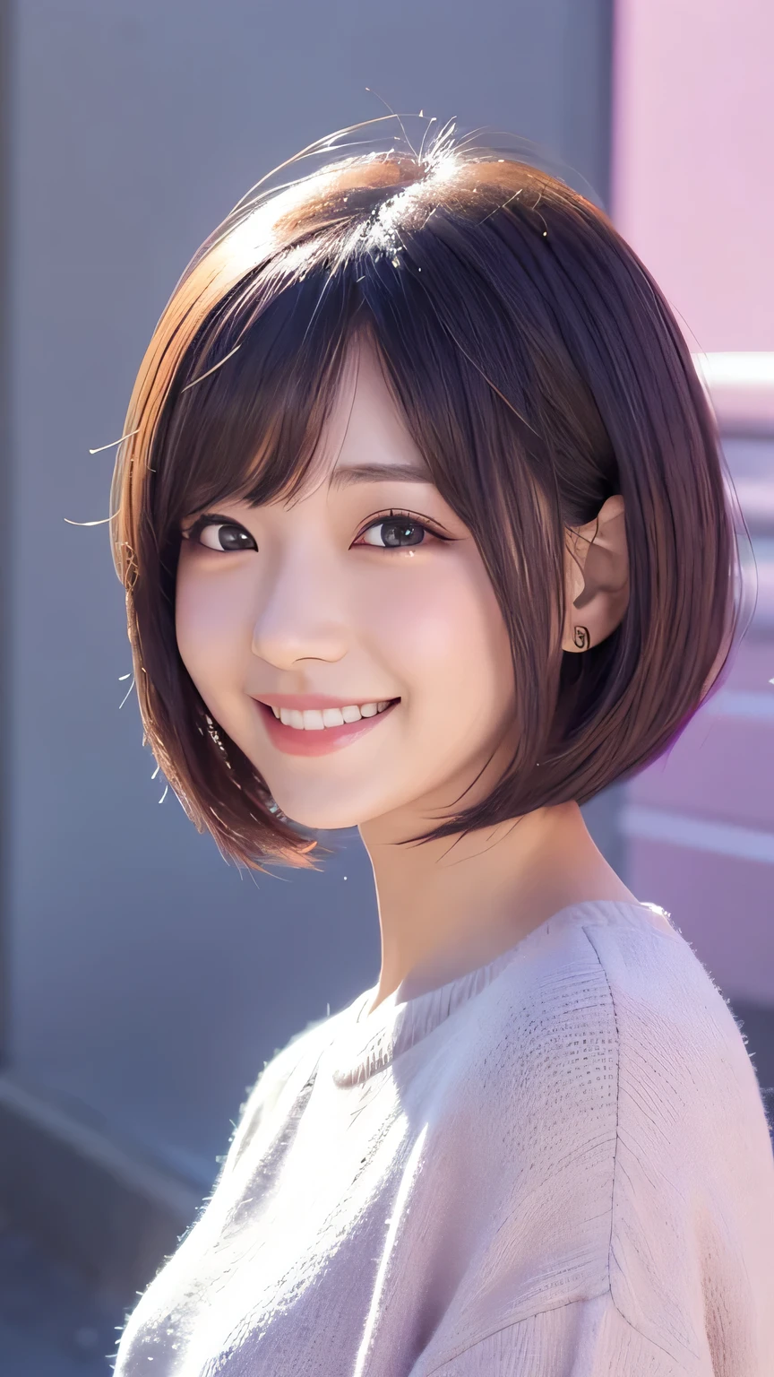 Bob Hair、kind、cute、bright、smile、Anime style illustrations、Background Light Purple