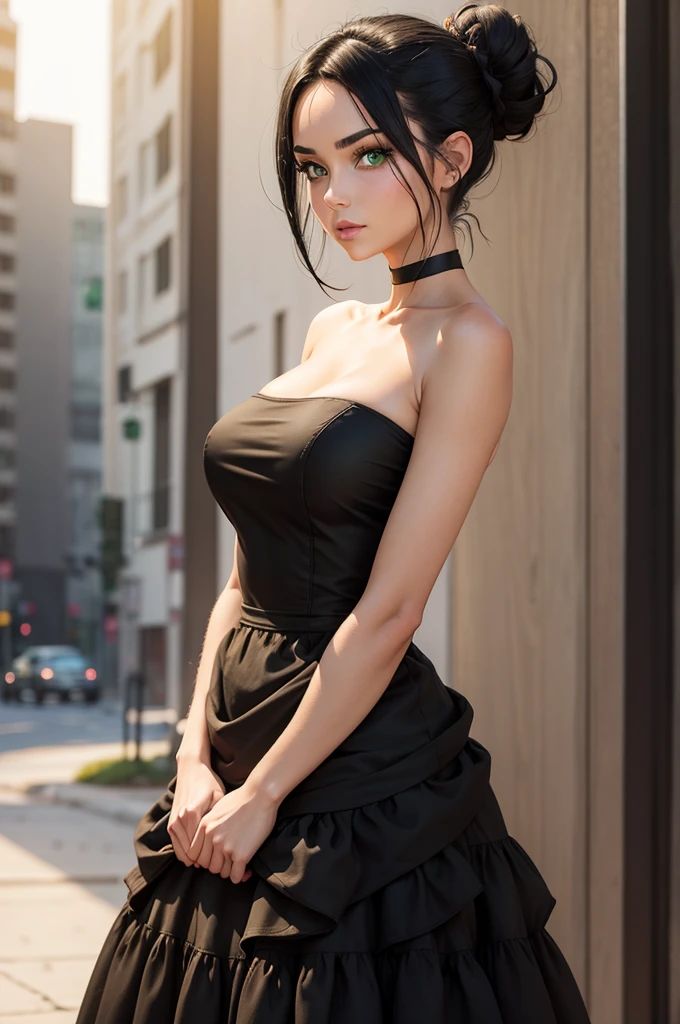 female with green eyes, black hair tied to a bun, strapless midi dress