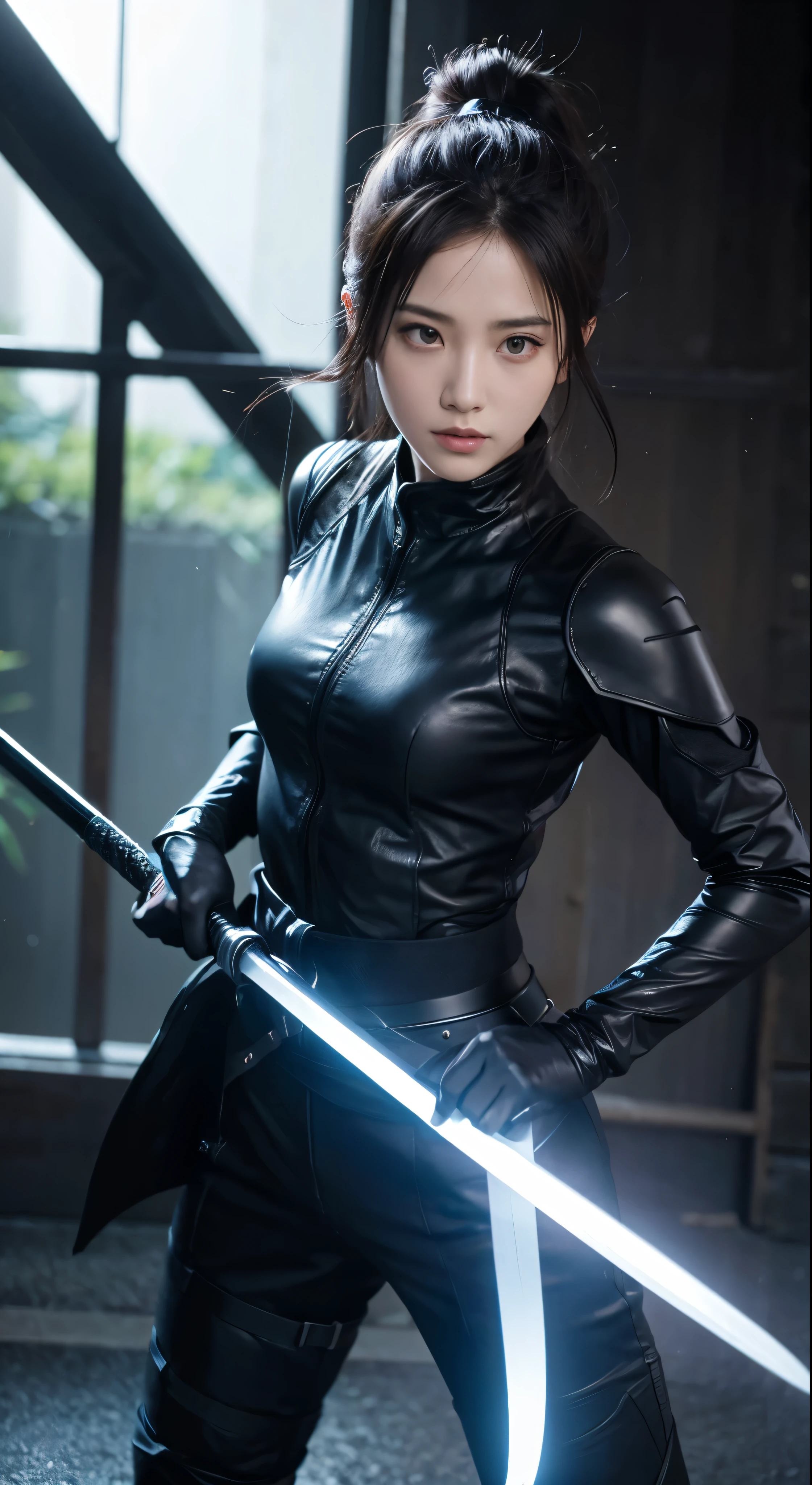 with high definition images、Epic Ninjutsu Shot、front、Award-winning photography、Every Ninja、Female ninja、Glowing Sword、Photorealistic ninja style、The face is showing、Ultra-realistic illustrations、Facial details、Cinematic Screenshots Unreal Engine、Zbrush3DアートVray、Glow Special、Post Effects、Style expressive--S 400,High definition images of beautiful female ninjas,Full body high quality images