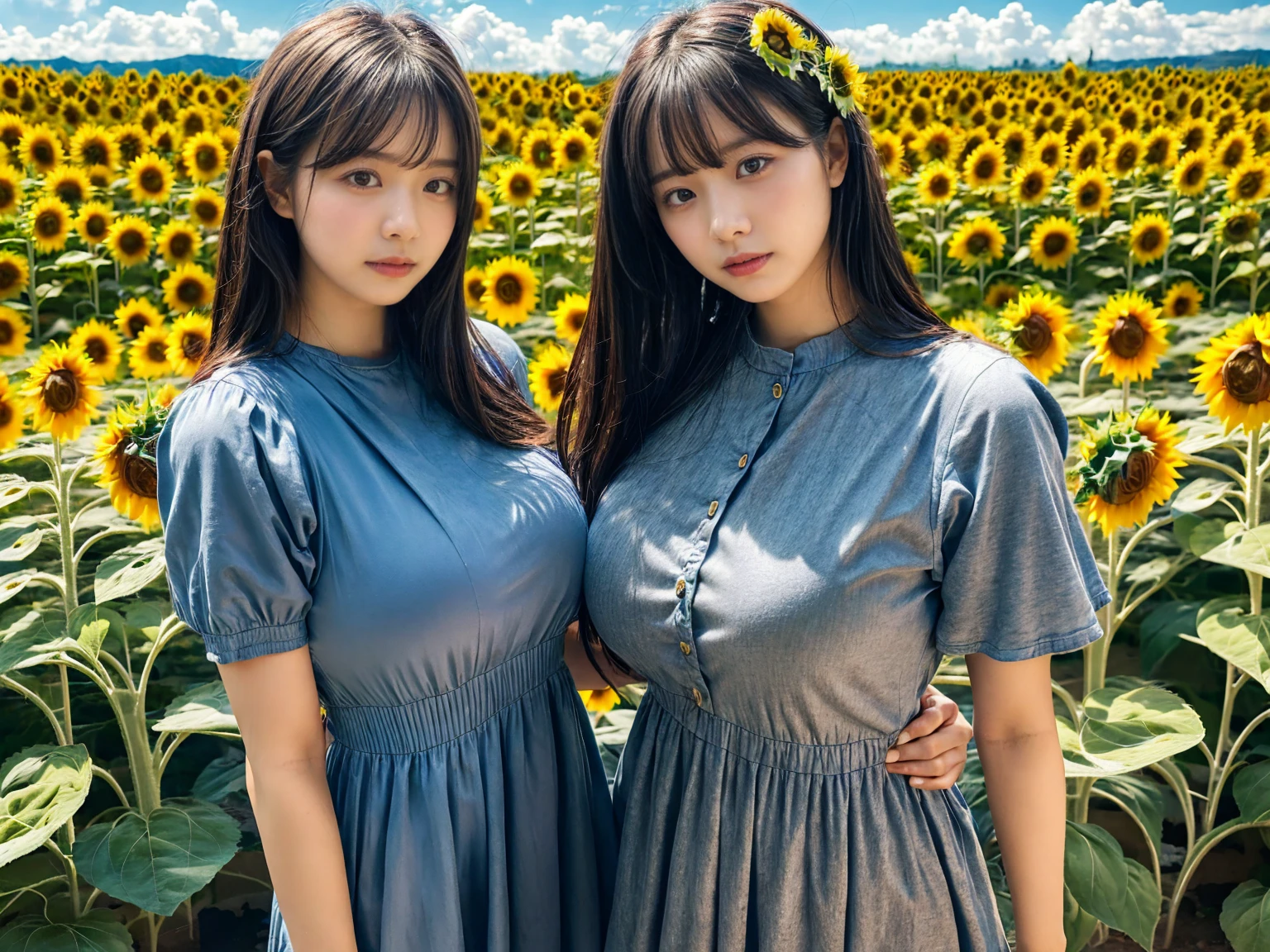 (8K, RAW Photos, Highest quality, masterpiece:1.2), (professional photography, full colors, studio-caliber color grading), (Gravure quality for high-end fashion magazines), close up, (2 girls), BREAK,18 year old girl, (straight hair:1.1), crying a little, Harajuku style, Big Natural Color Lip, (Plumpy body (smooth skin.1 (huge breasts BREAK (((casual dress.3)), BREAK (Sunflower field background)、