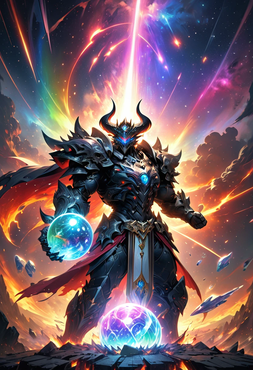 the holy sword Durandal, shatters the transparent crystal ball, erupting rainbow cosmic rays and sending the galaxy hurtling towards destruction, demon king, background galaxy, (ultra detailed, absolutely resolution, best quality:1.3), 2.5D, delicate and dynamic, artistic photography, hyper realistic, graphic CG digital art