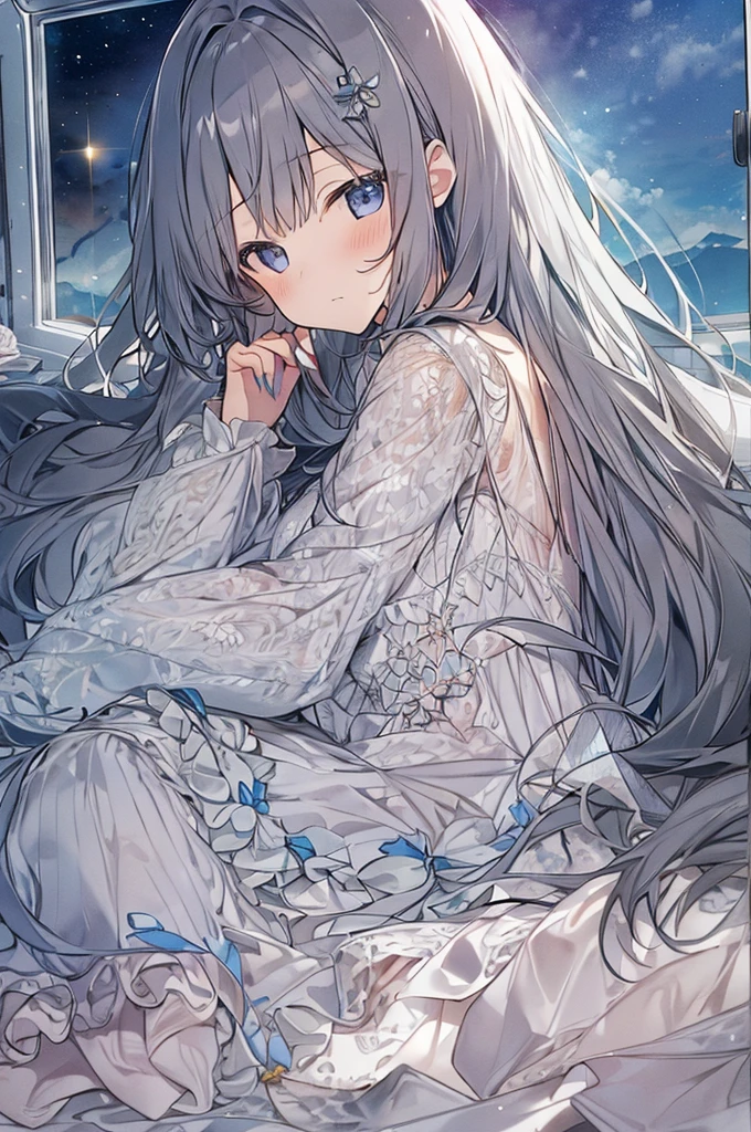 (Browsing Caution:0.9),(Girl:1.4), alone, whole body, Sitting, Dynamic Angle, Gray Hair, Flat Chest, frills, , Long Hair, night, Starry Sky, dark, sleepy, I want to sleep, Covered breasts,shy, blush,大きなぬいぐるみを抱いているパジャマ姿のGirl,