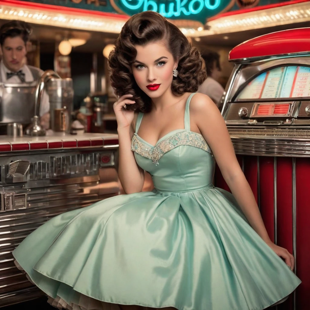 1 girl in a 1950s style dress., complete with full skirt and petticoat, Her hair is styled in classic curls. She should be sitting in an old fashioned diner., surrounded by vintage details, such as a jukebox, Chrome accents, and neon signs. Her eyes should be sparkling with excitement.., her skin is flawless and glows under the soft, dramatic lighting. This scene should have been shot on 35mm film., with a beautiful depth of field and slightly blurred, Nostalgic background,, movie,